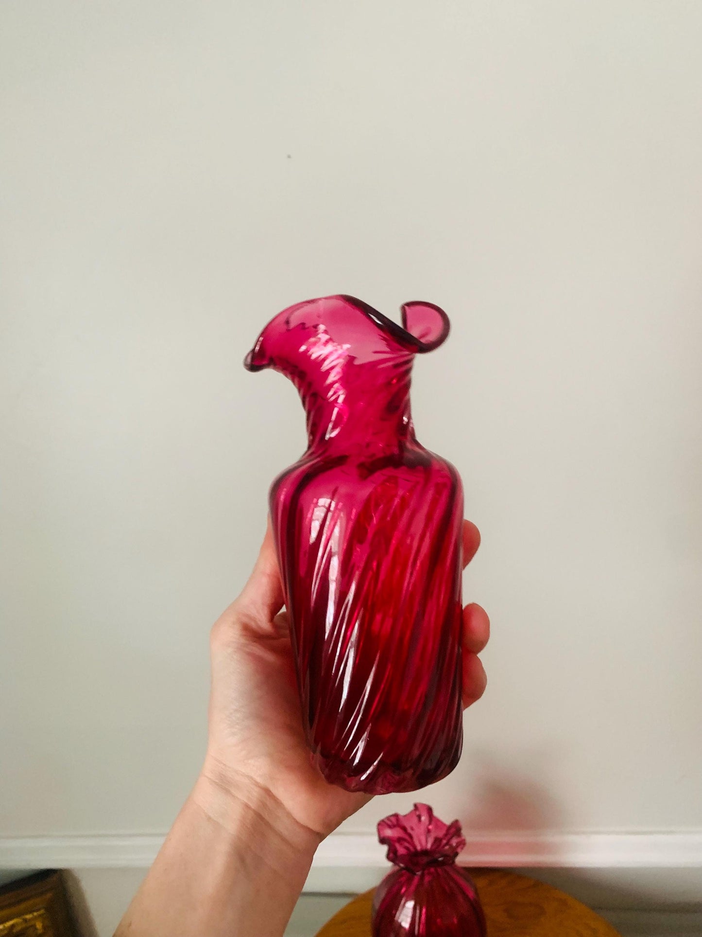 Vintage Cranberry Swirl Glass Ball Vase