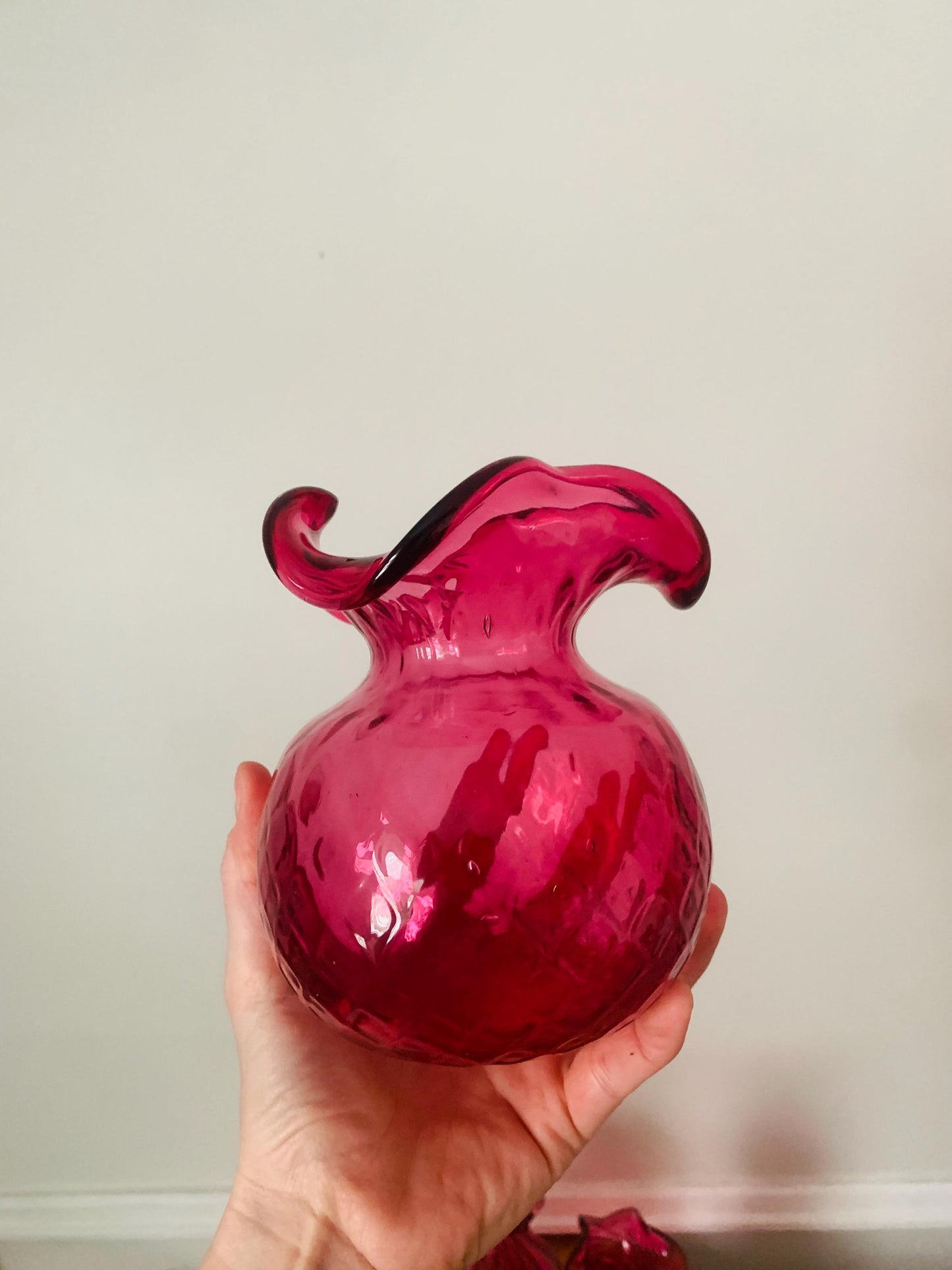 Vintage Cranberry Swirl Glass Ball Vase