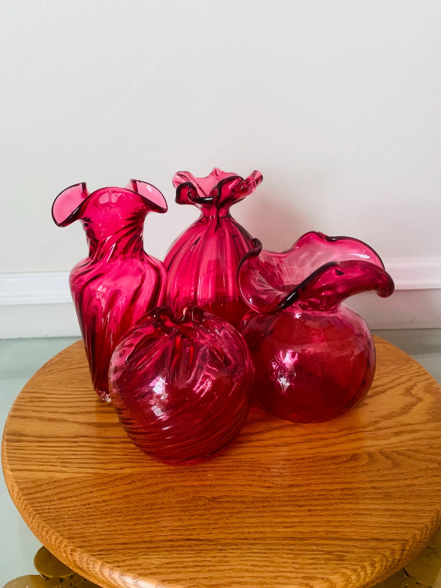 Vintage Cranberry Swirl Glass Ball Vase