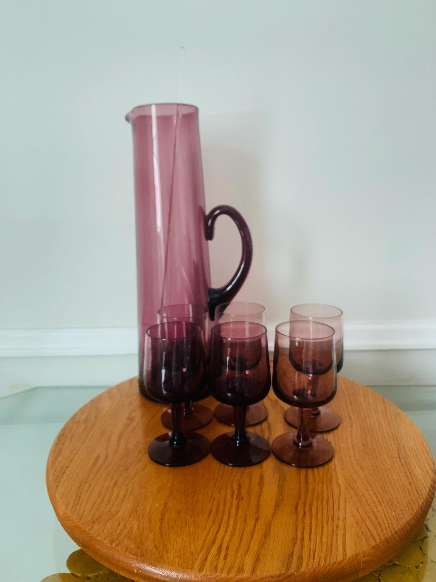 MCM Deep Purple Tall Glass Jug with 6 Matching Short Wine Glasses with Stir Stick