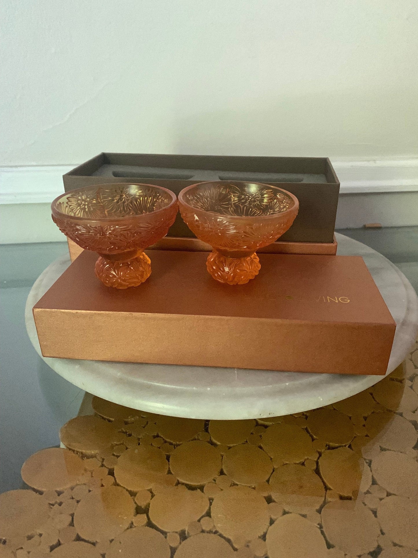Pair of LIULI Amber Crystal Virtuous Chrysanthemum Glasses in Original Box