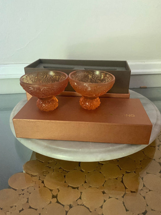 Pair of LIULI Amber Crystal Virtuous Chrysanthemum Glasses in Original Box