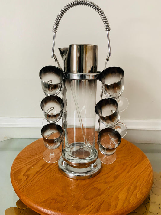 MCM Silver Fade Decanter with Matching Short Glasses in Chrome Caddy