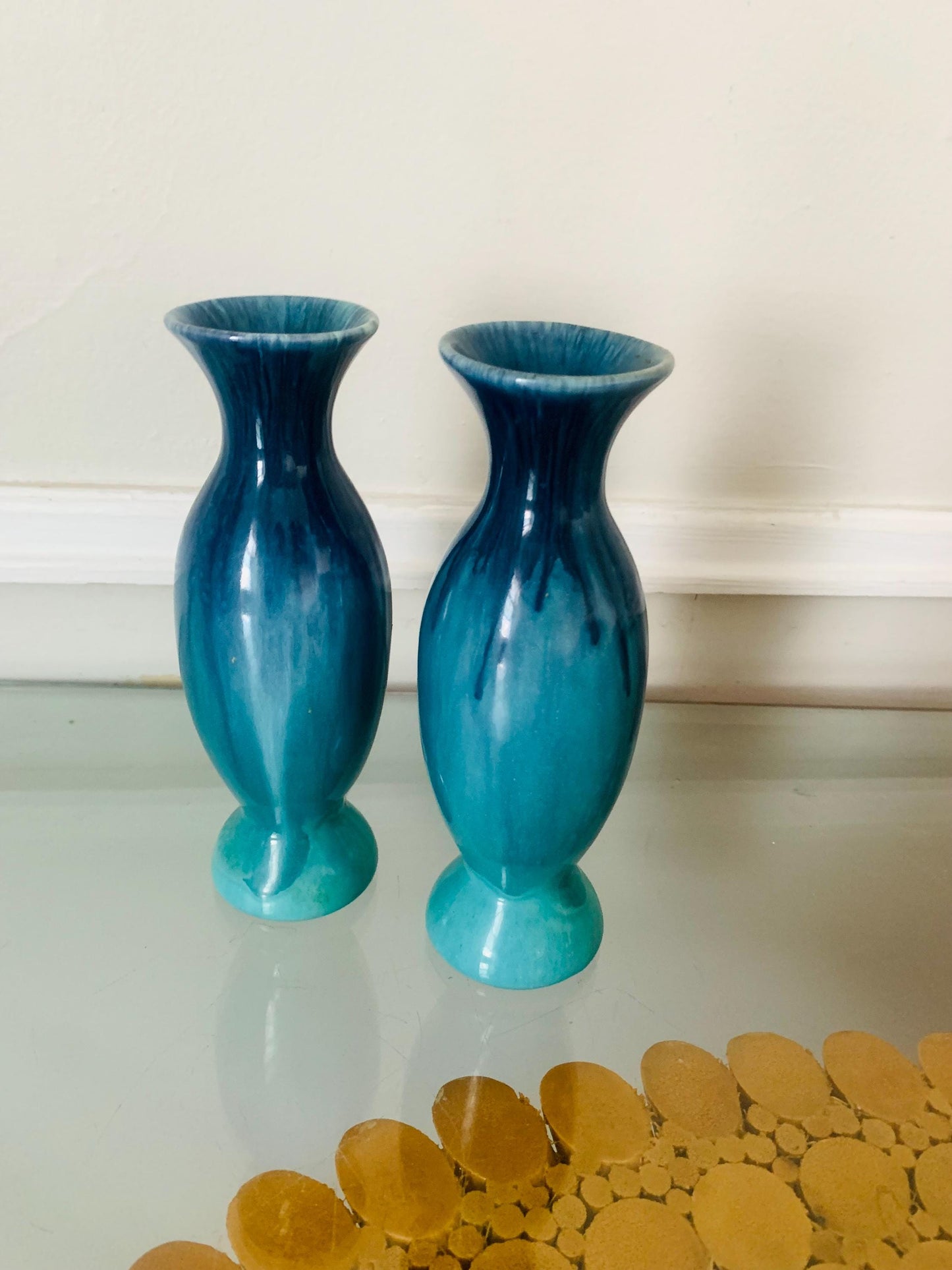 MCM Pair of Short Tall Blue  Drip Glaze Pottery Vases
