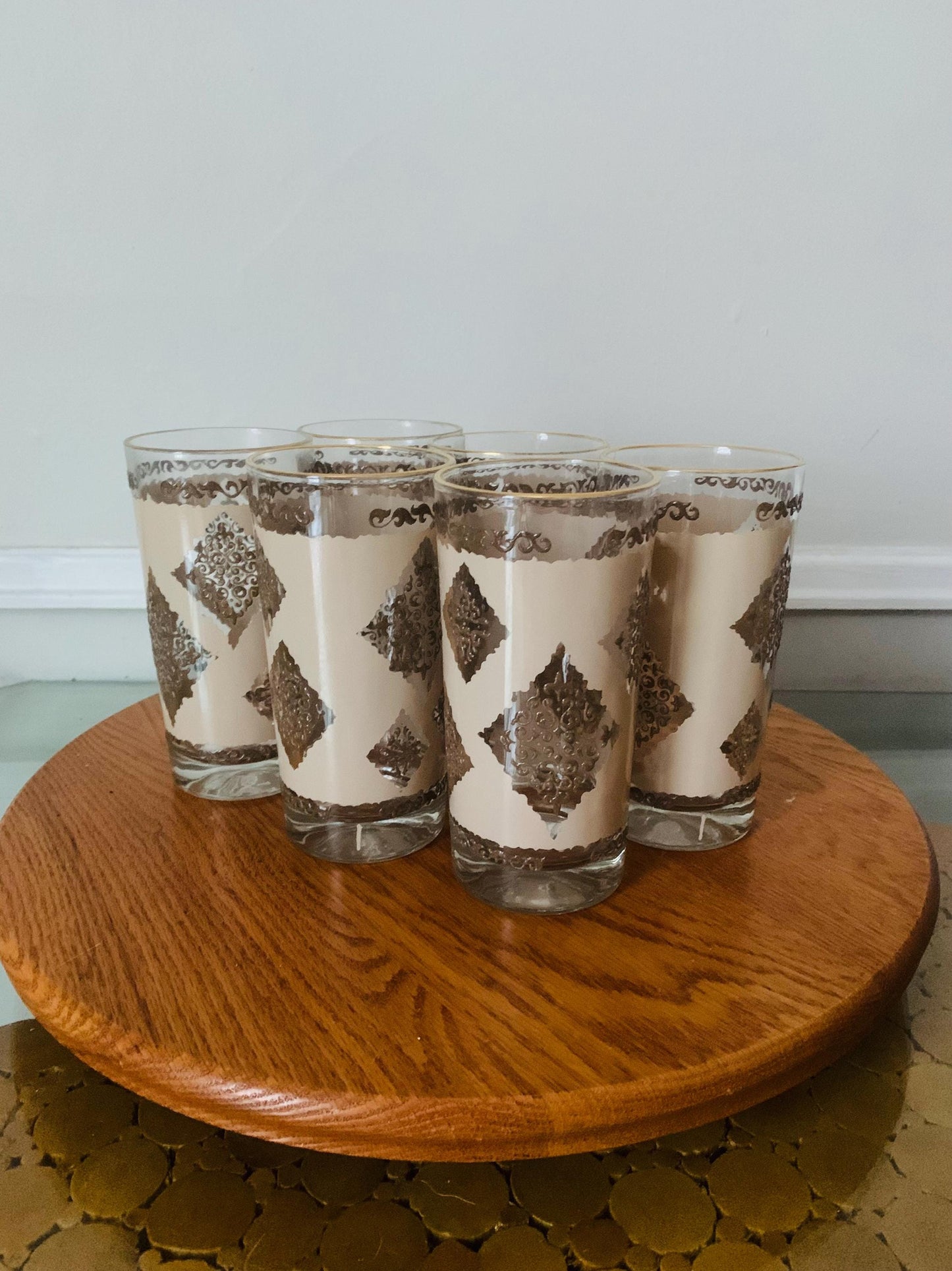 Vintage Set of 6 Cream and Gold Embossed Glass Tumblers