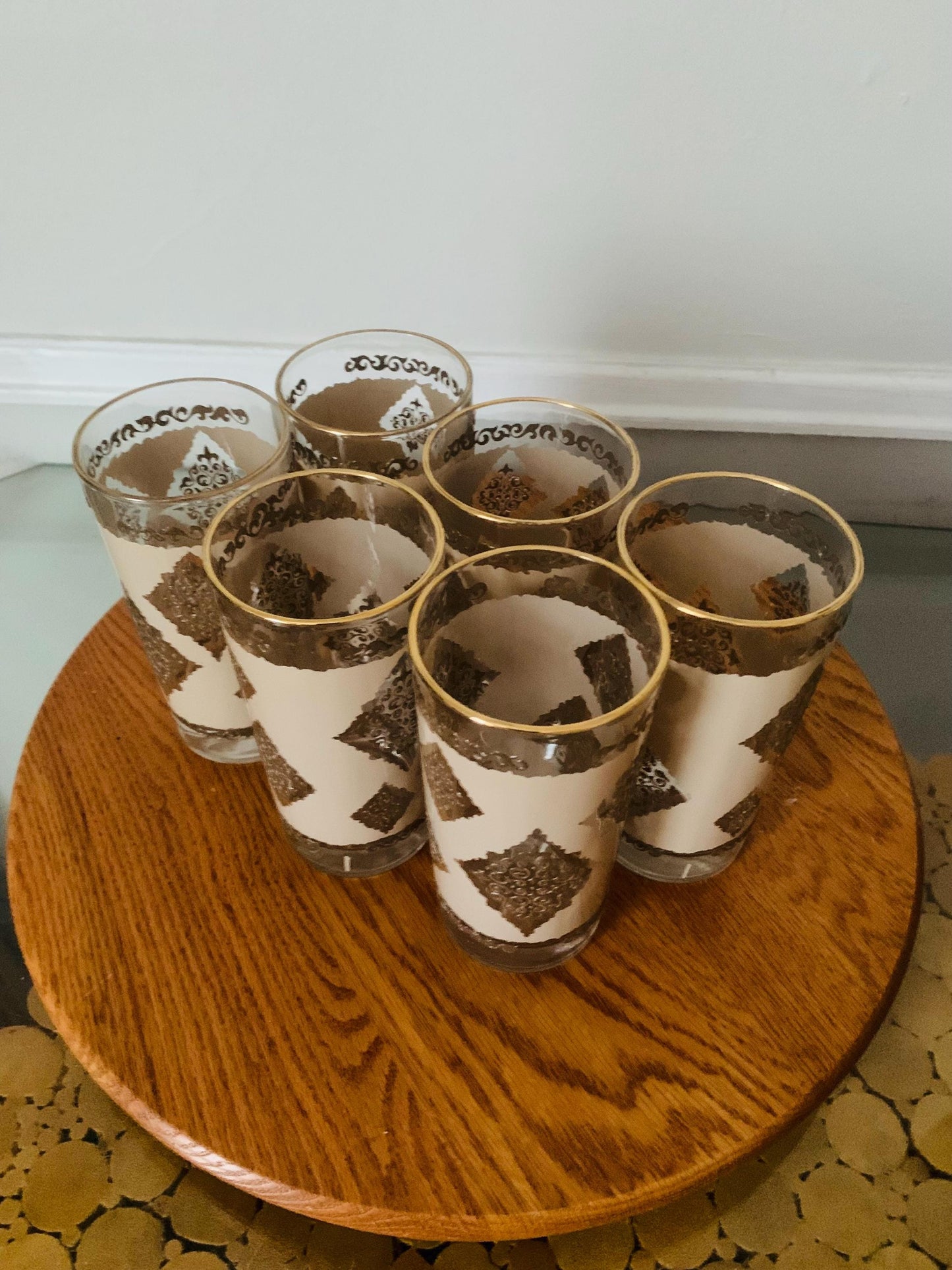 Vintage Set of 6 Cream and Gold Embossed Glass Tumblers