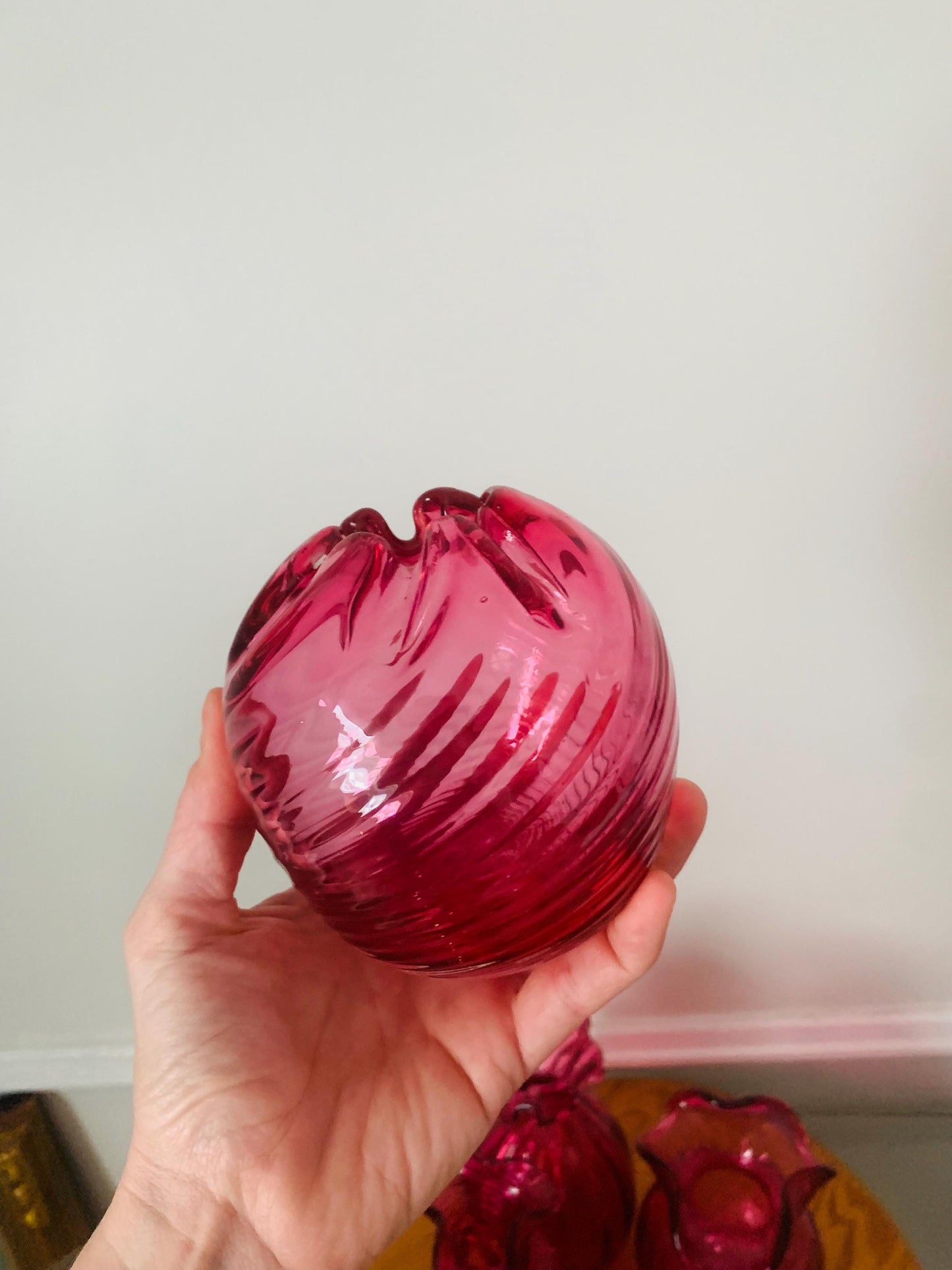 Vintage Cranberry Swirl Glass Ball Vase
