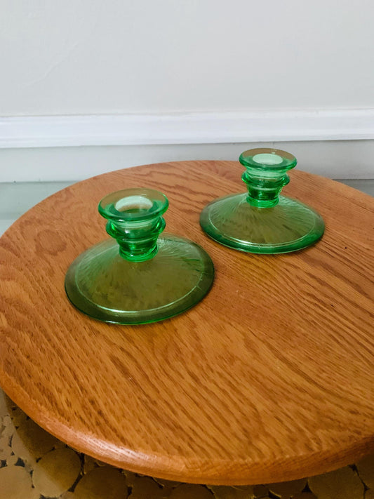 Pair of Vintage Green Glass Candlesticks
