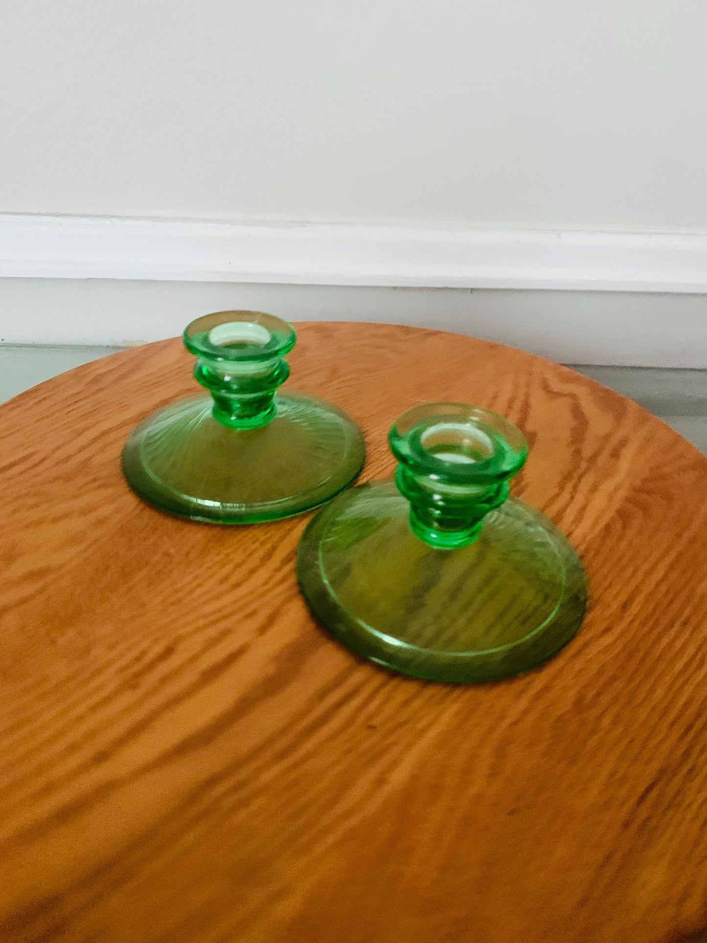 Pair of Vintage Green Glass Candlesticks