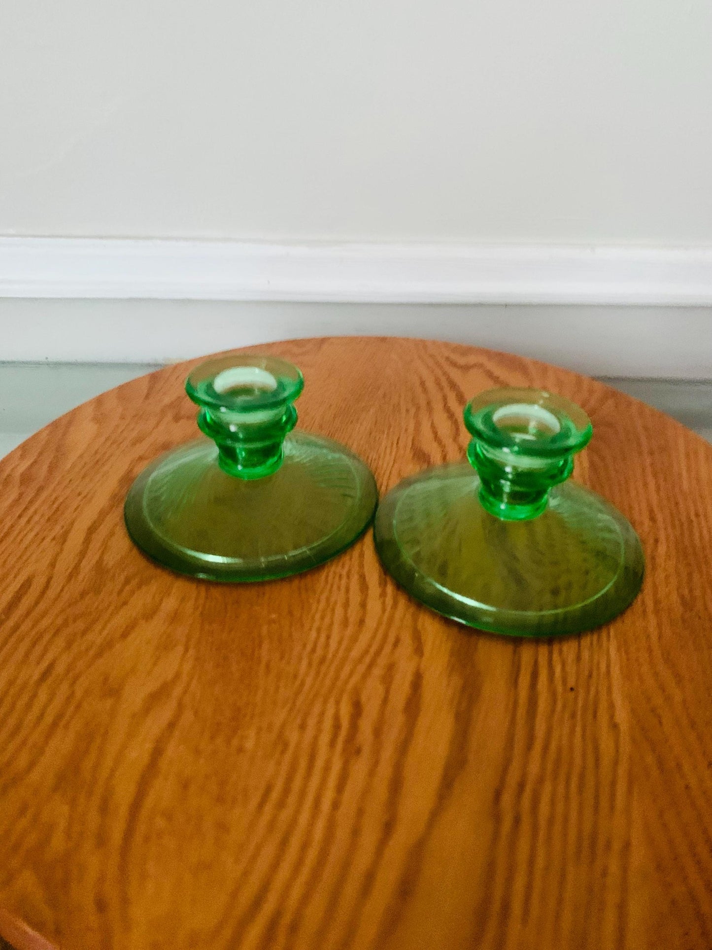 Pair of Vintage Green Glass Candlesticks