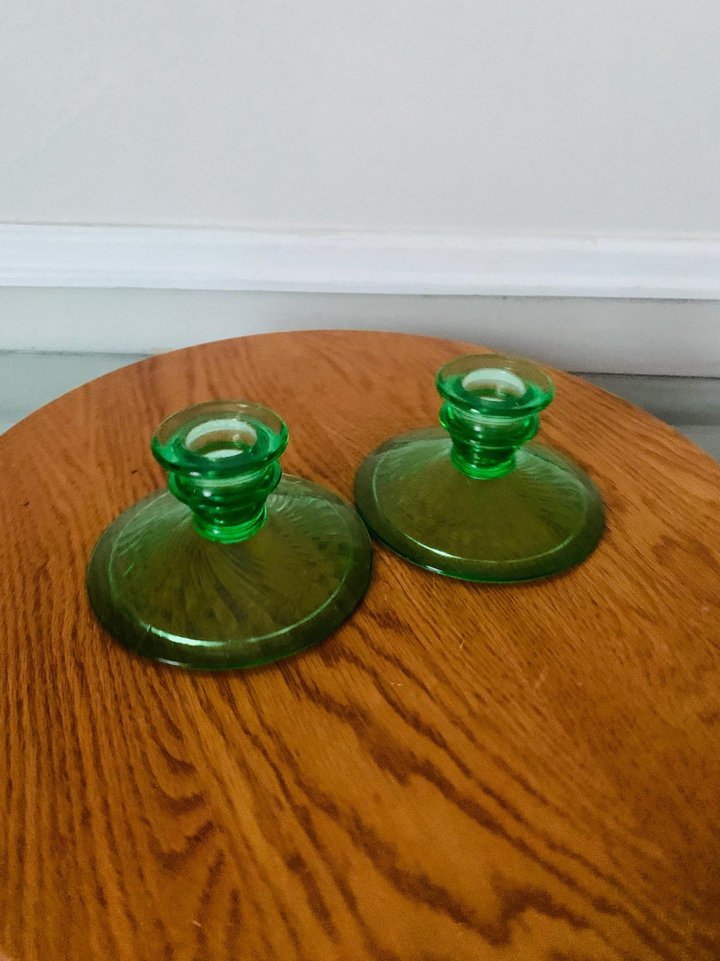Pair of Vintage Green Glass Candlesticks