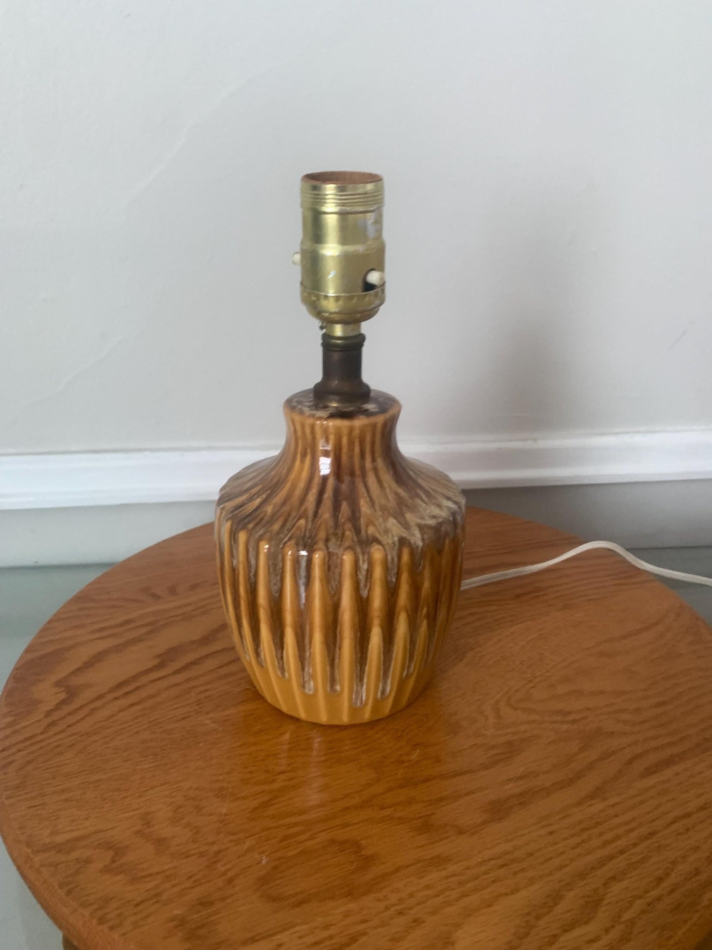 Vintage Mustard and Brown Drip Glaze Pottery Lamp No Shade