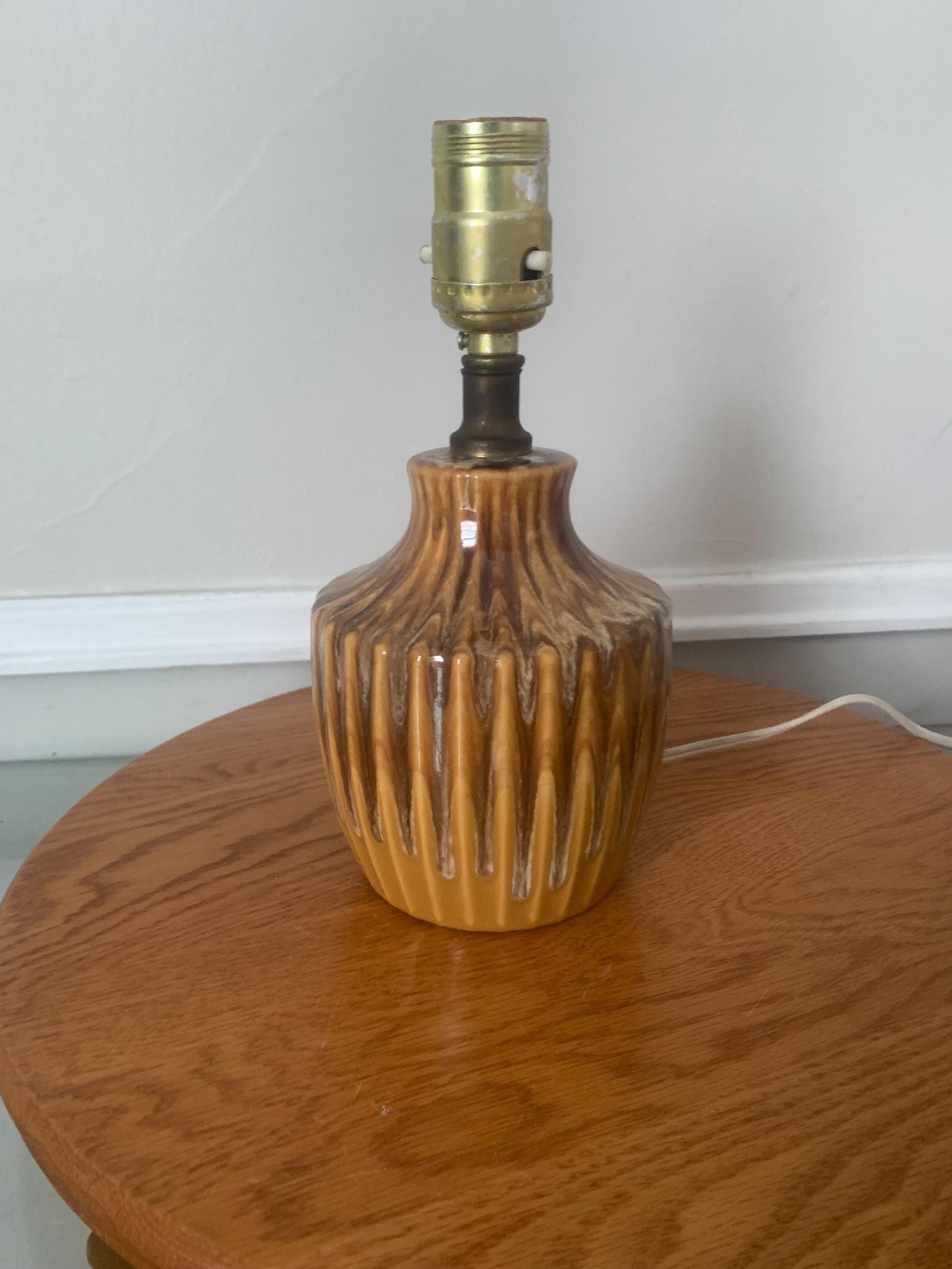 Vintage Mustard and Brown Drip Glaze Pottery Lamp No Shade