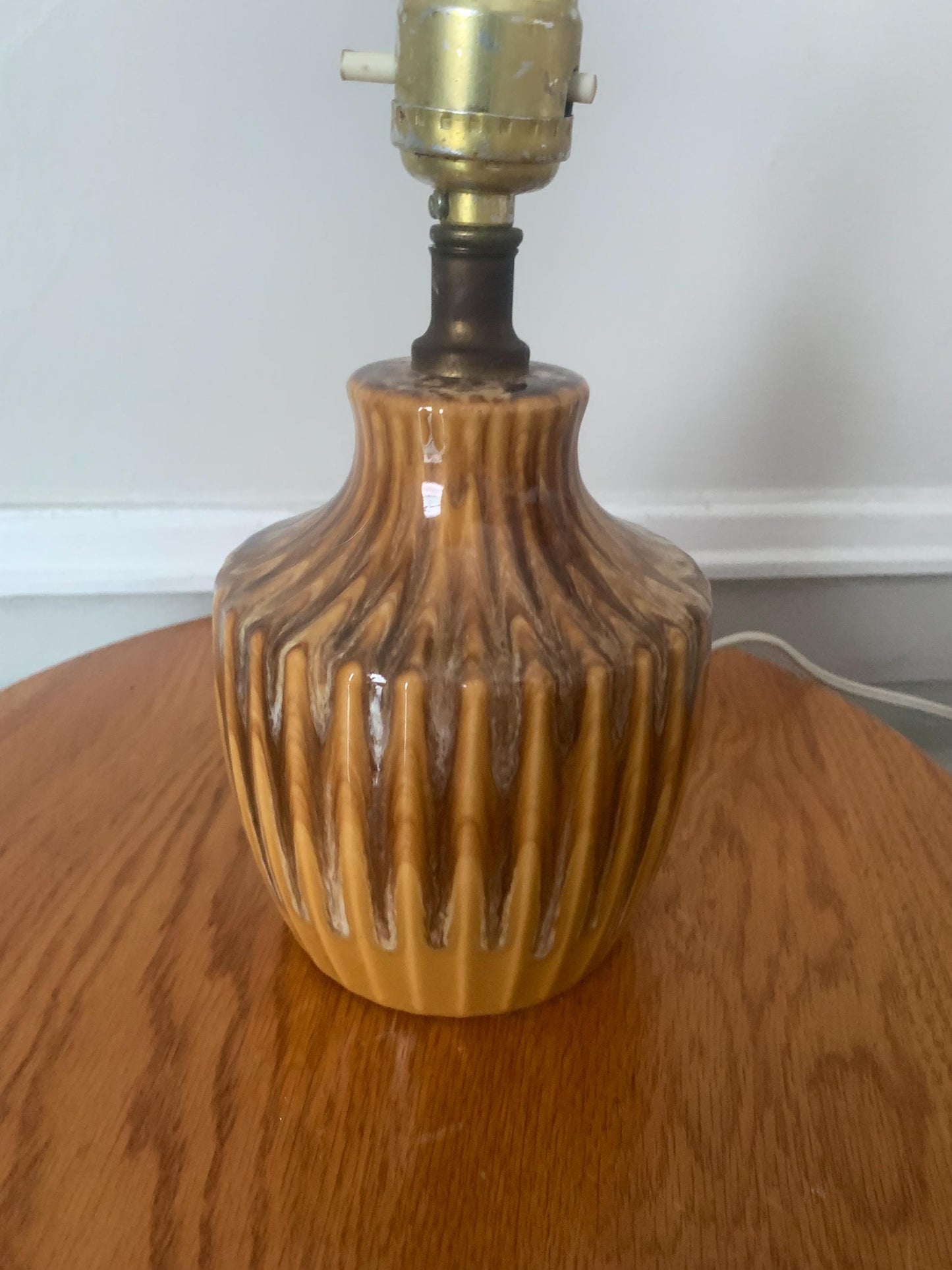 Vintage Mustard and Brown Drip Glaze Pottery Lamp No Shade