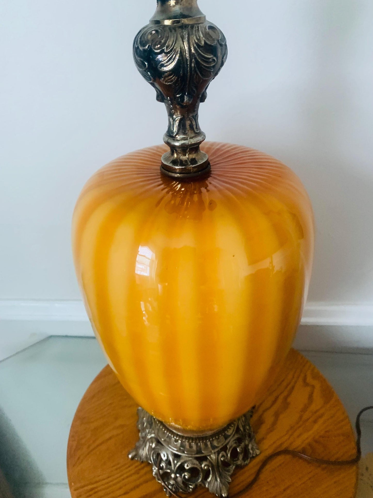 Antique Blown Striped Mustard Glass Lamp with Brass Base No Shade