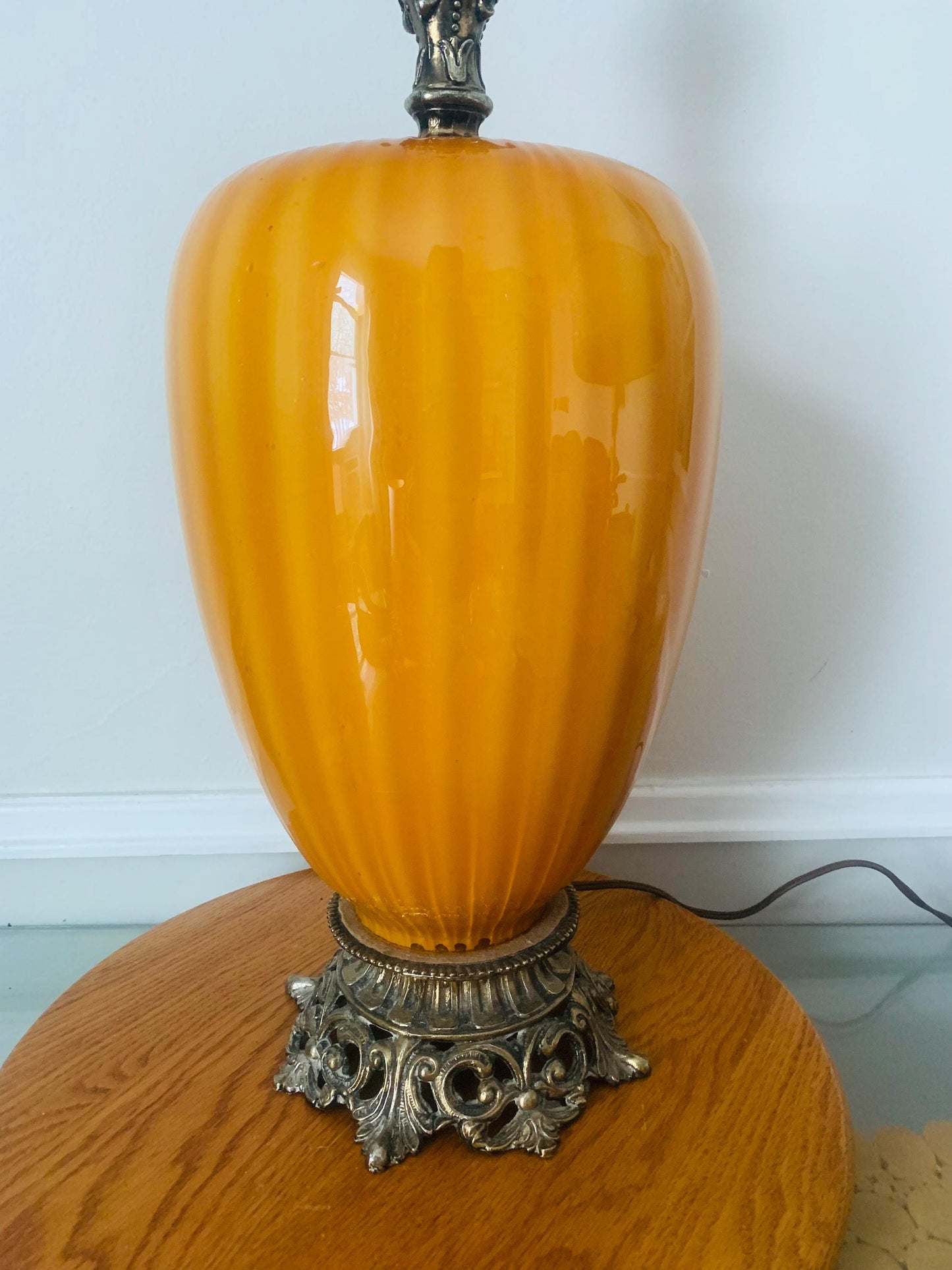 Antique Blown Striped Mustard Glass Lamp with Brass Base No Shade