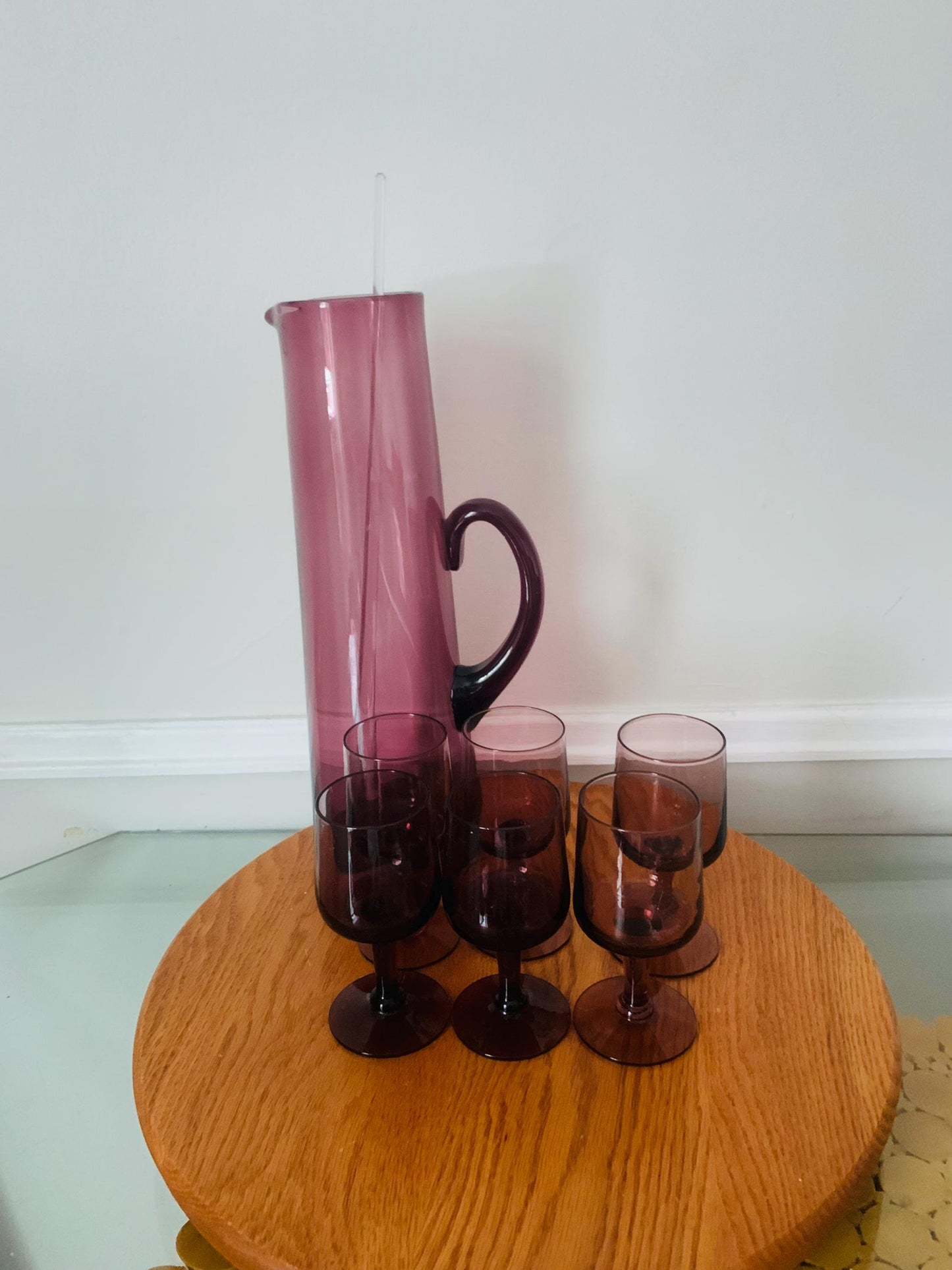 MCM Deep Purple Tall Glass Jug with 6 Matching Short Wine Glasses with Stir Stick