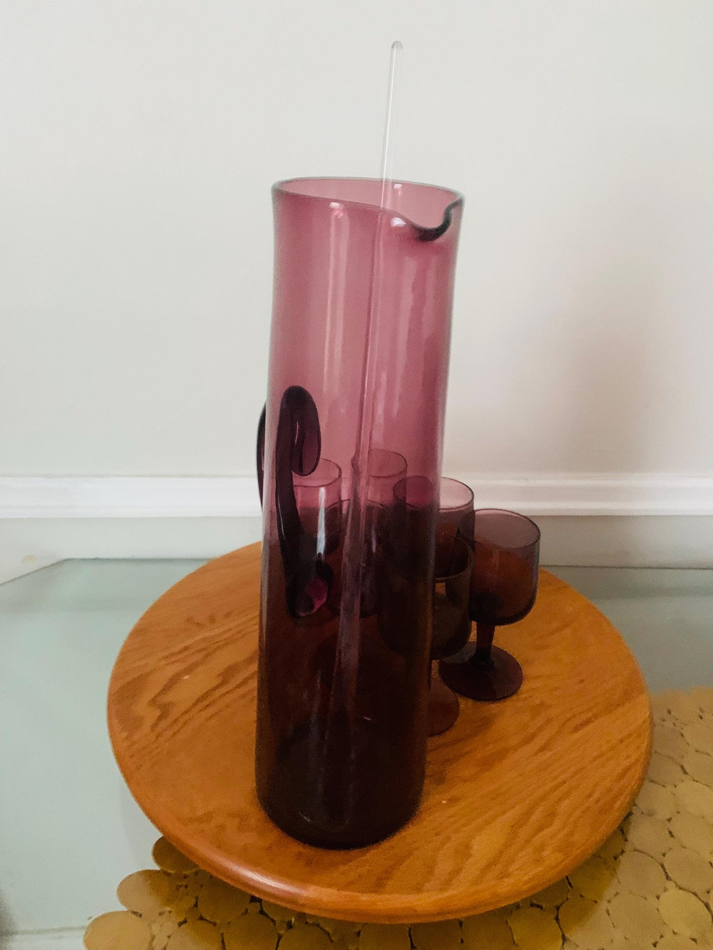 MCM Deep Purple Tall Glass Jug with 6 Matching Short Wine Glasses with Stir Stick