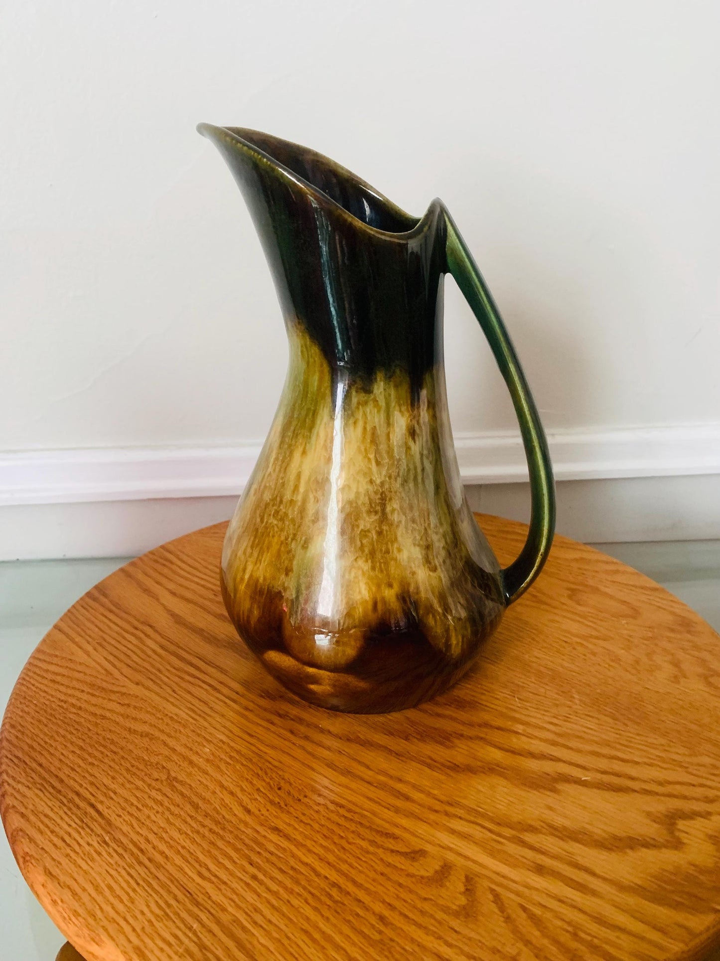 Tall Vintage Brown Drip Glaze Pottery Jug with Handle Made in Canada