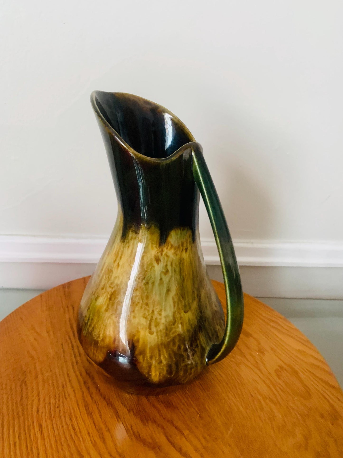 Tall Vintage Brown Drip Glaze Pottery Jug with Handle Made in Canada