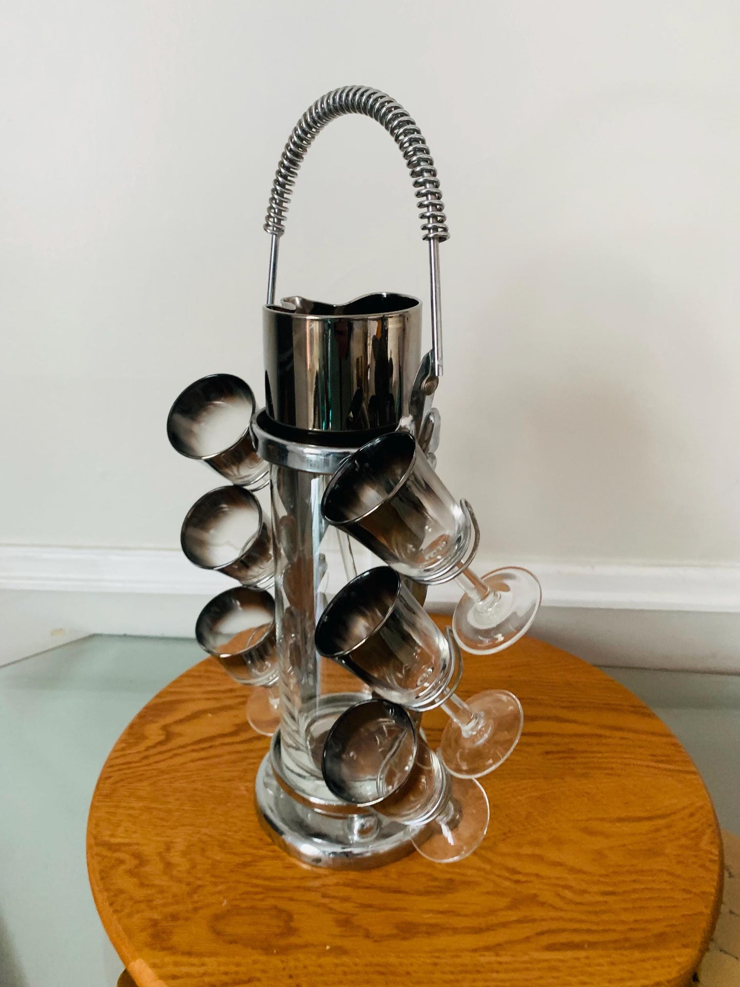 MCM Silver Fade Decanter with Matching Short Glasses in Chrome Caddy