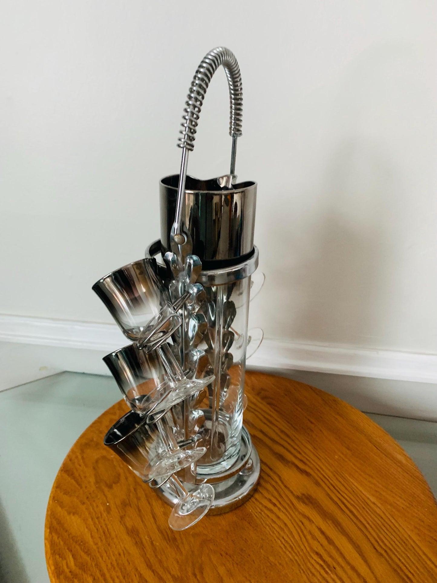 MCM Silver Fade Decanter with Matching Short Glasses in Chrome Caddy