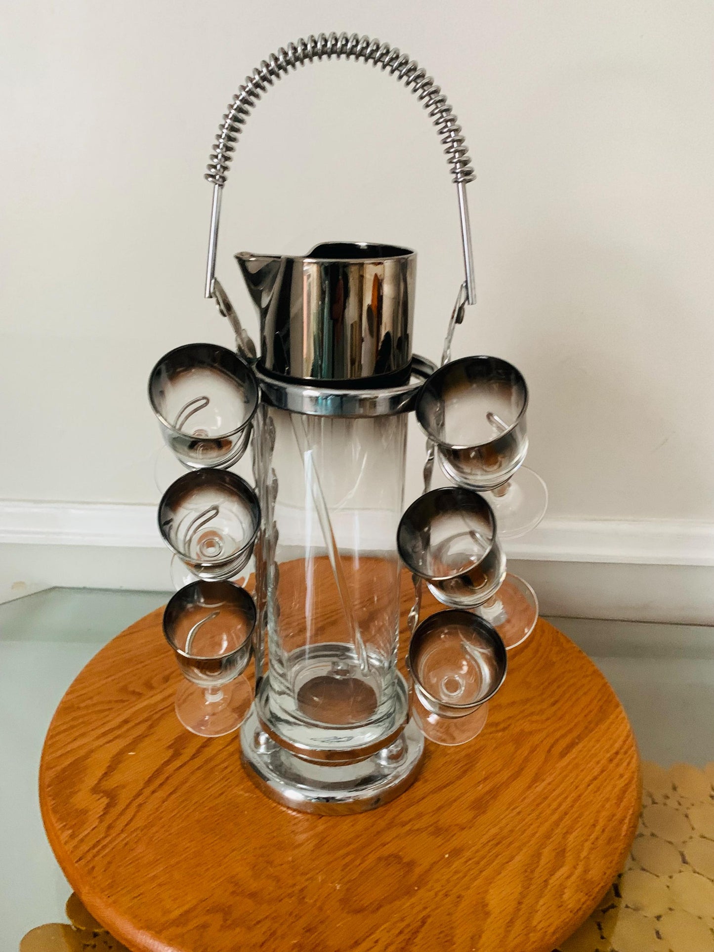 MCM Silver Fade Decanter with Matching Short Glasses in Chrome Caddy