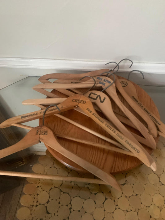 Set of 6 Vintage Hard Wood Top Hangers with Store Names