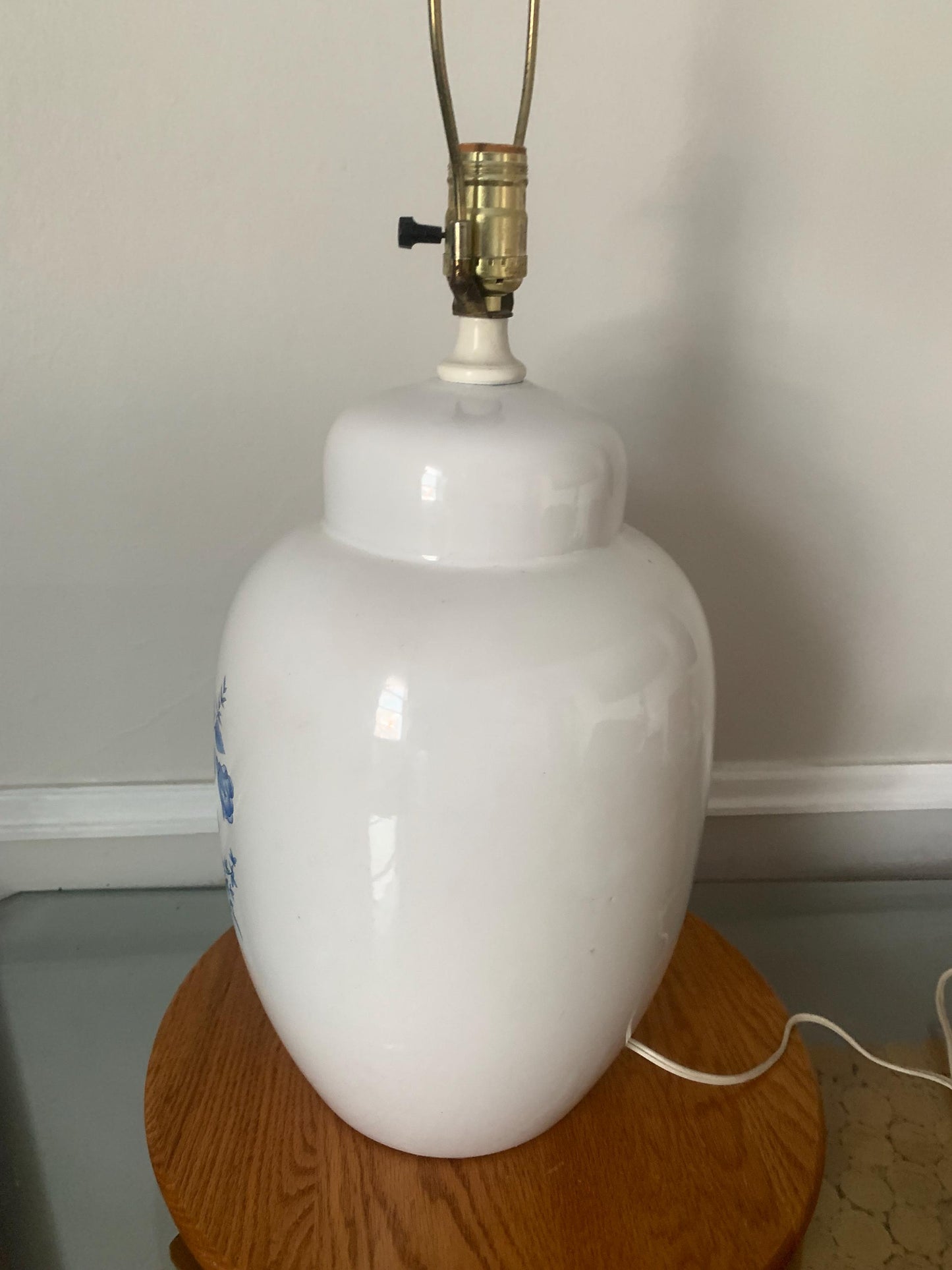 Retro Oversize White Ceramic GInger Jar Lamp with Blue Flowers No Shade