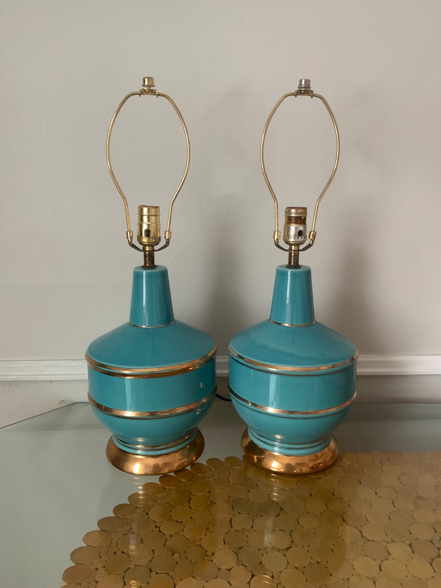 Pair of MCM Deep Turquoise and Gold Ceramic Lamps No Shade