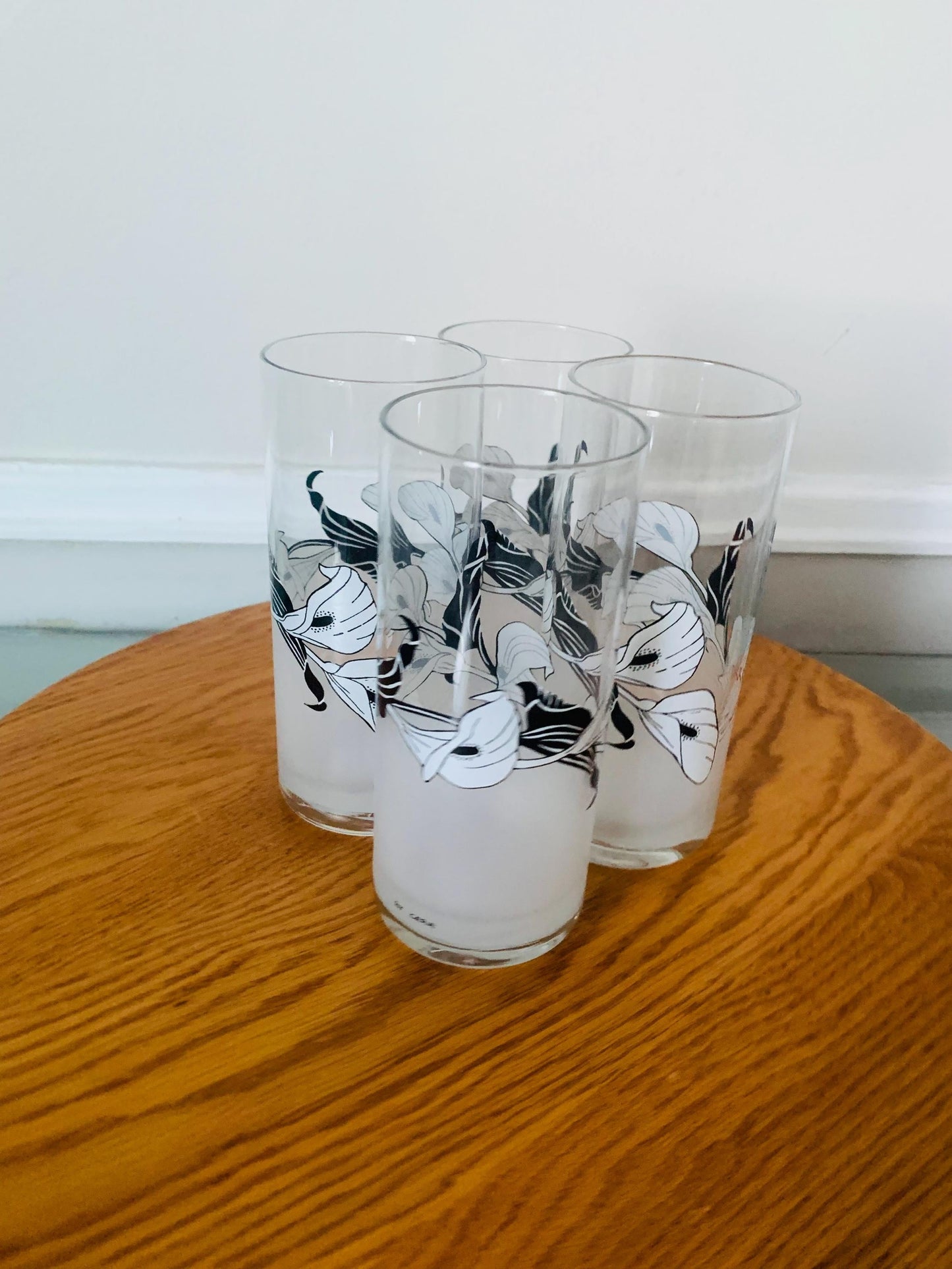 Vintage Set of 4 Cerve Highball Black and White Irises Frosted Glass Tumblers Made in Italy