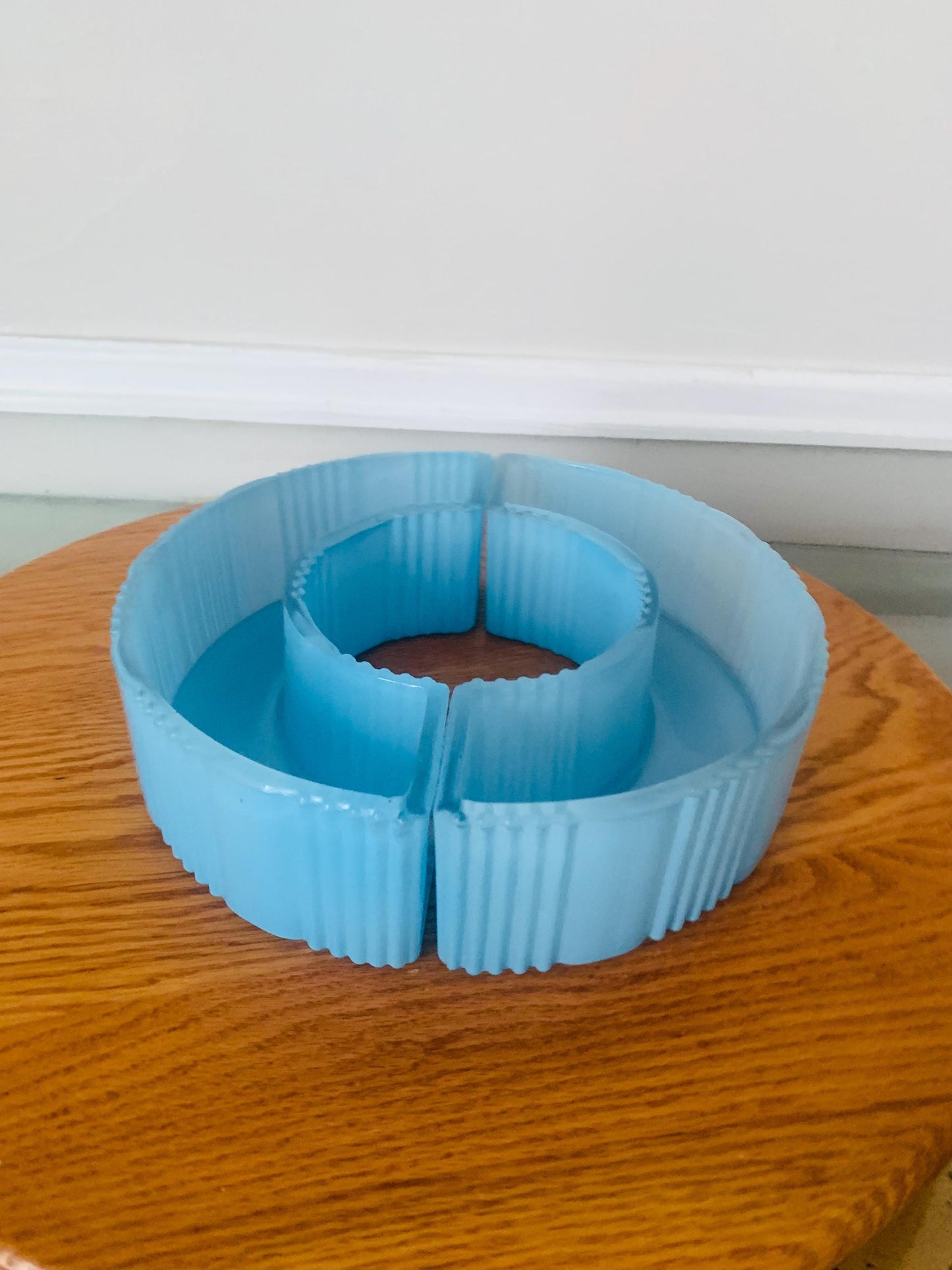 Vintage Light Blue Satin Glass 2 Piece Ring Flower Vase