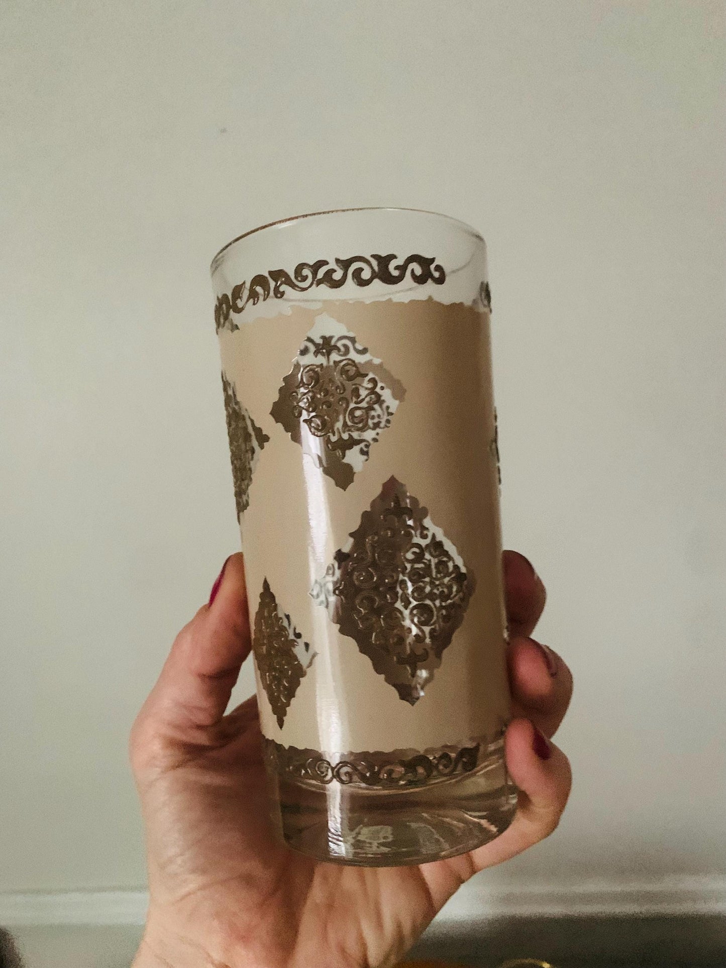 Vintage Set of 6 Cream and Gold Embossed Glass Tumblers
