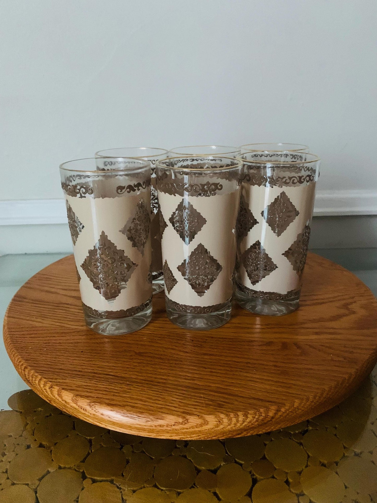 Vintage Set of 6 Cream and Gold Embossed Glass Tumblers