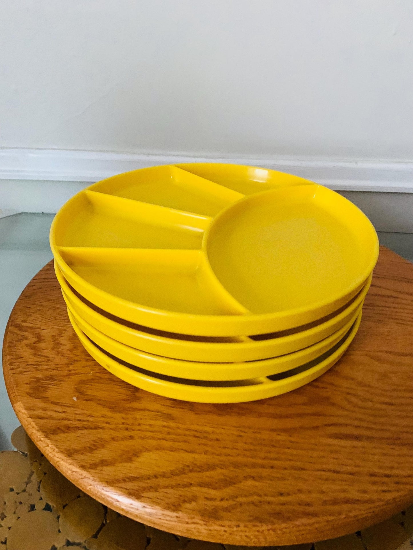 Set of 4 Vintage Elco Sunny Yellow Plastic Fondue Plates Made in USA