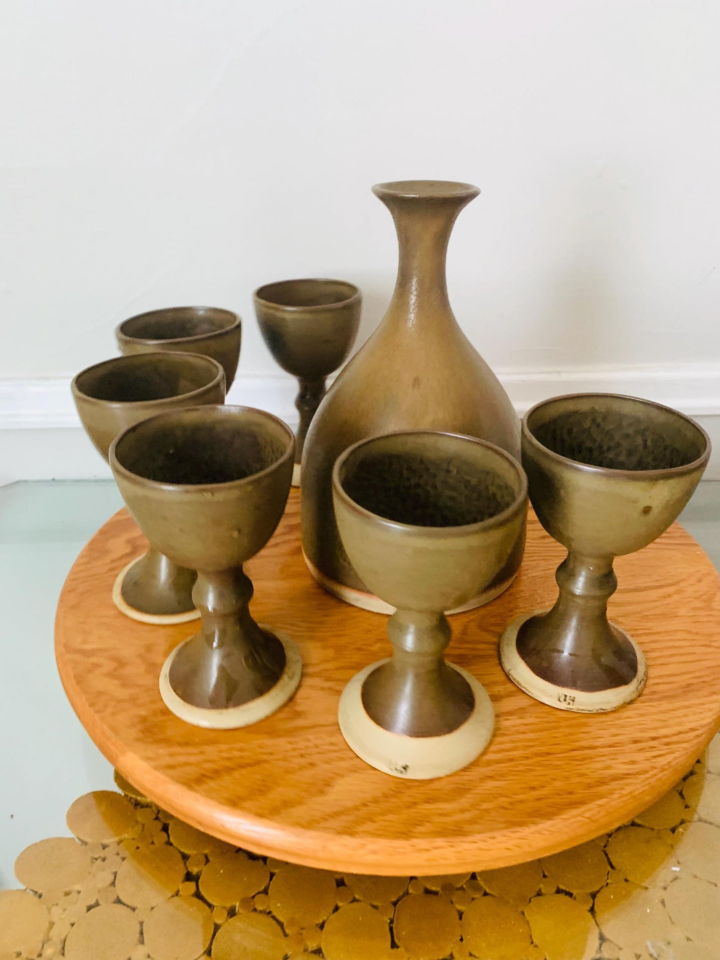 Set of 6 Hand Made Neutral Pottery Goblets with Matching Decanter
