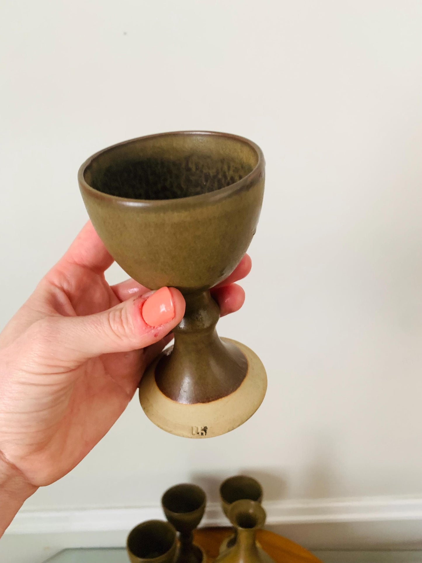 Set of 6 Hand Made Neutral Pottery Goblets with Matching Decanter