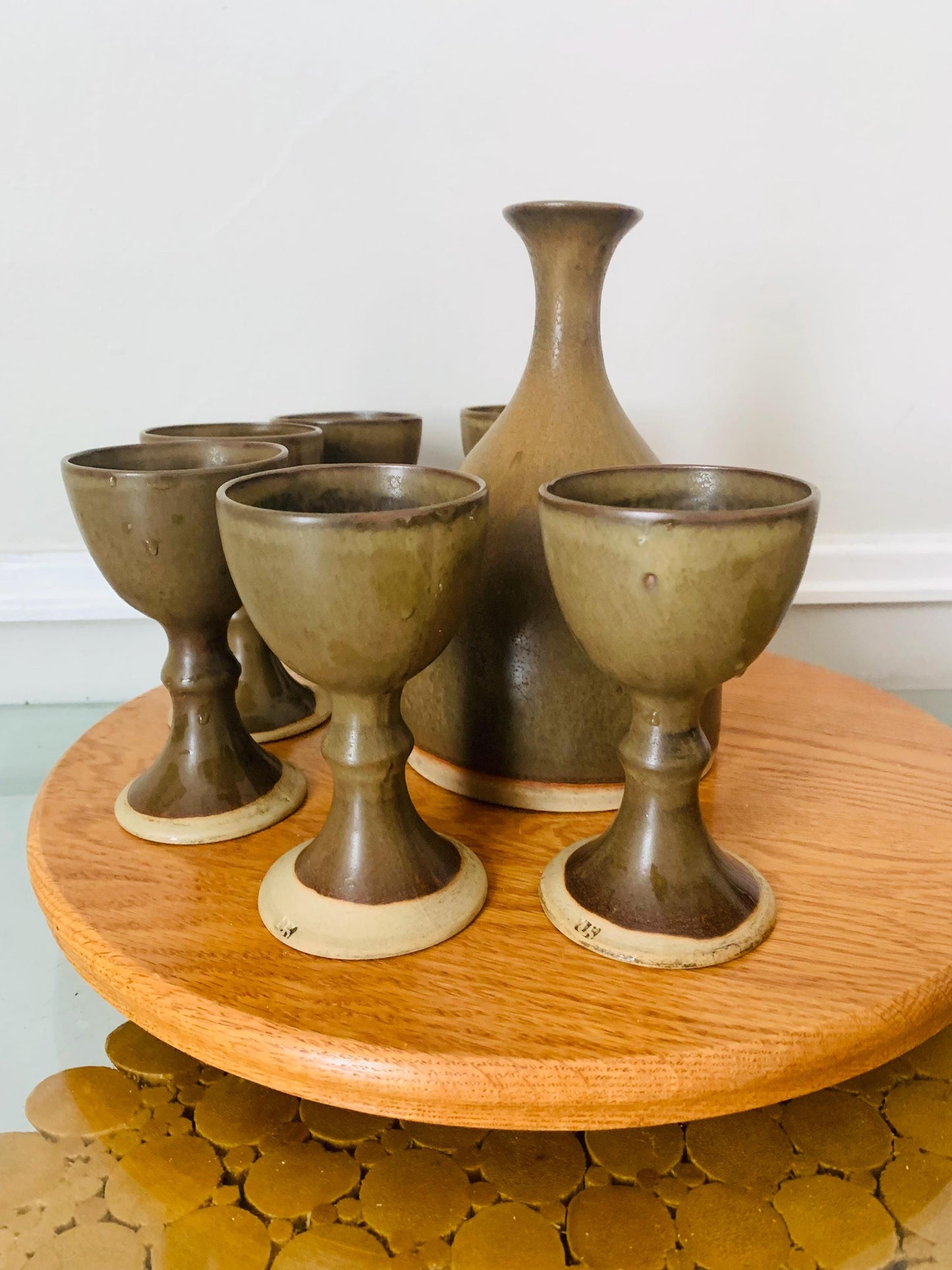 Set of 6 Hand Made Neutral Pottery Goblets with Matching Decanter