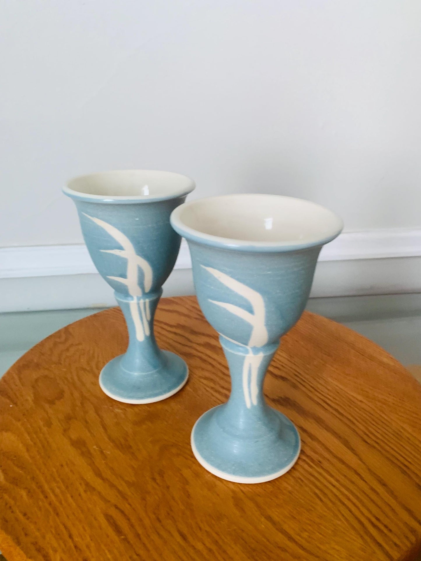 Pair of Handmade Blue and Natural Pottery Goblets