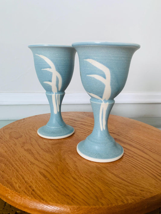 Pair of Handmade Blue and Natural Pottery Goblets