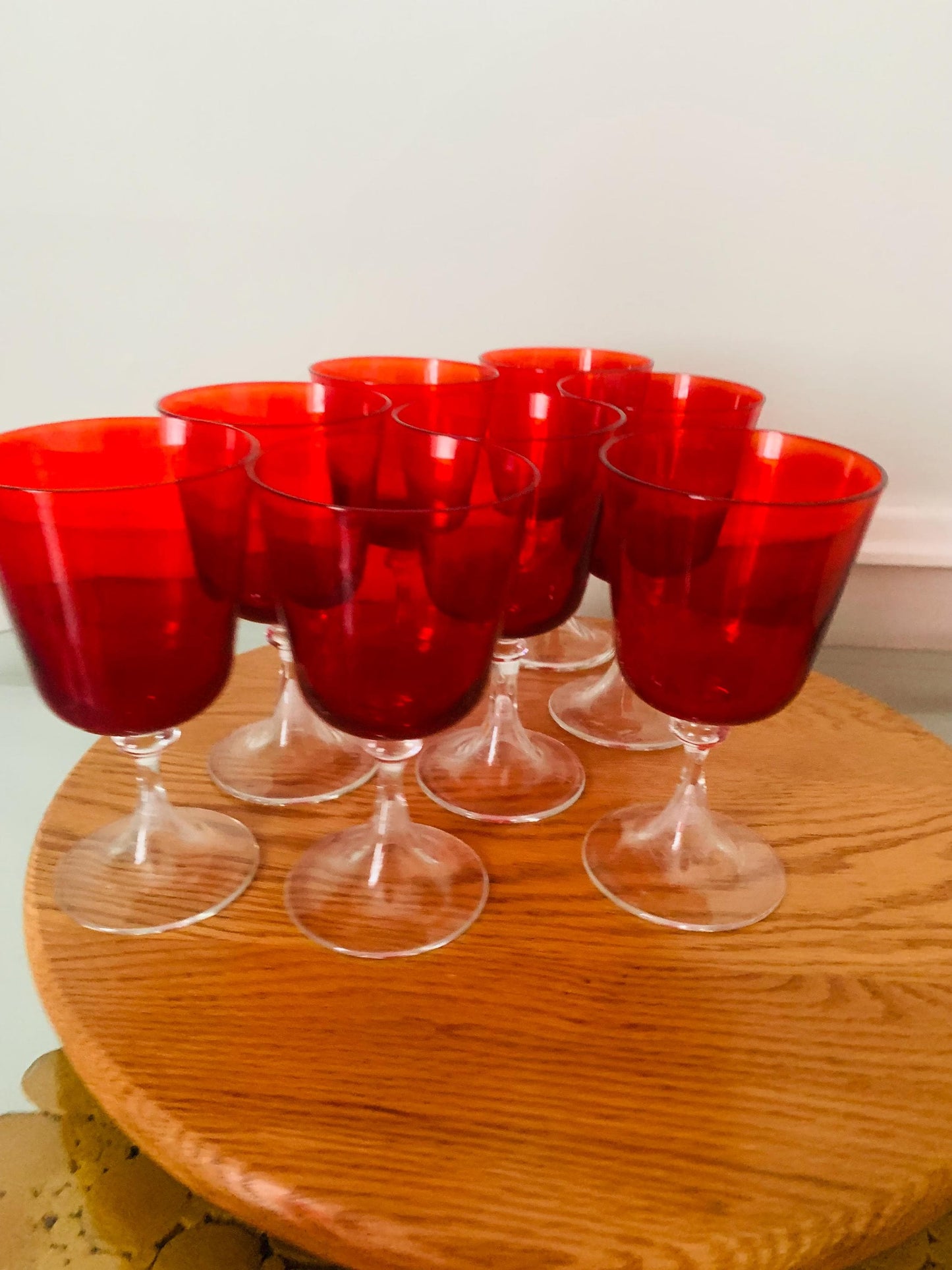 Set of 8 Vintage Ruby Red Bowl Wine Glasses with Clear Base