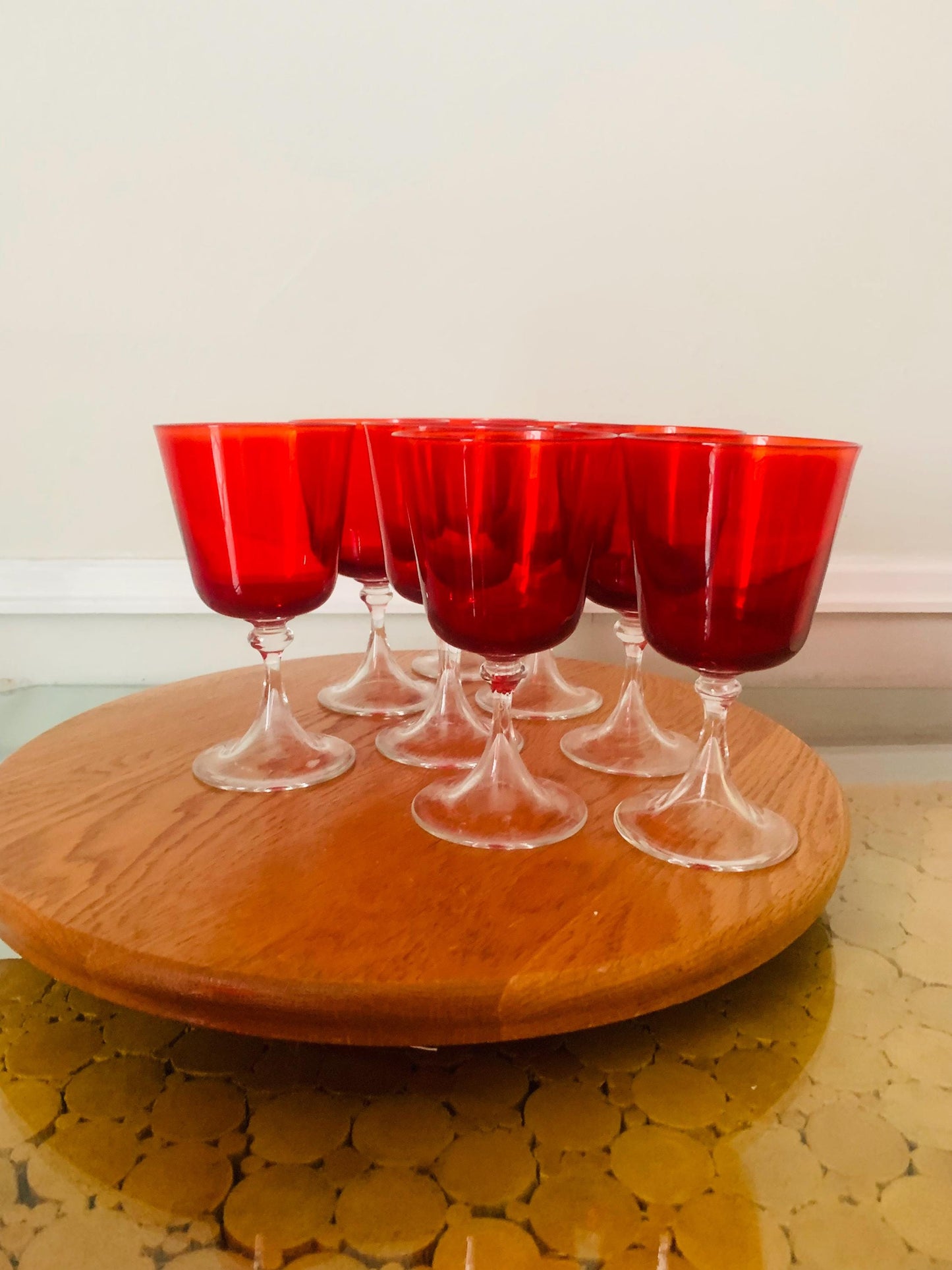Set of 8 Vintage Ruby Red Bowl Wine Glasses with Clear Base