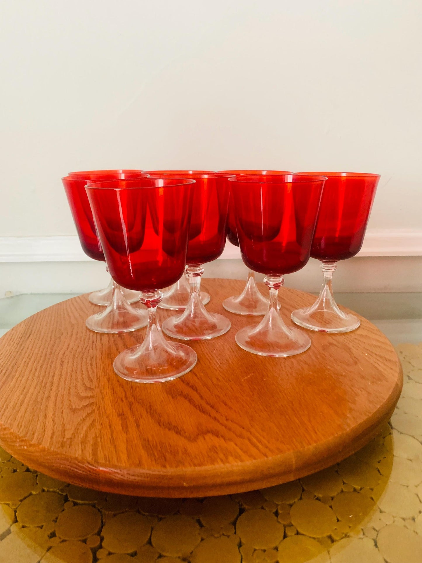 Set of 8 Vintage Ruby Red Bowl Wine Glasses with Clear Base