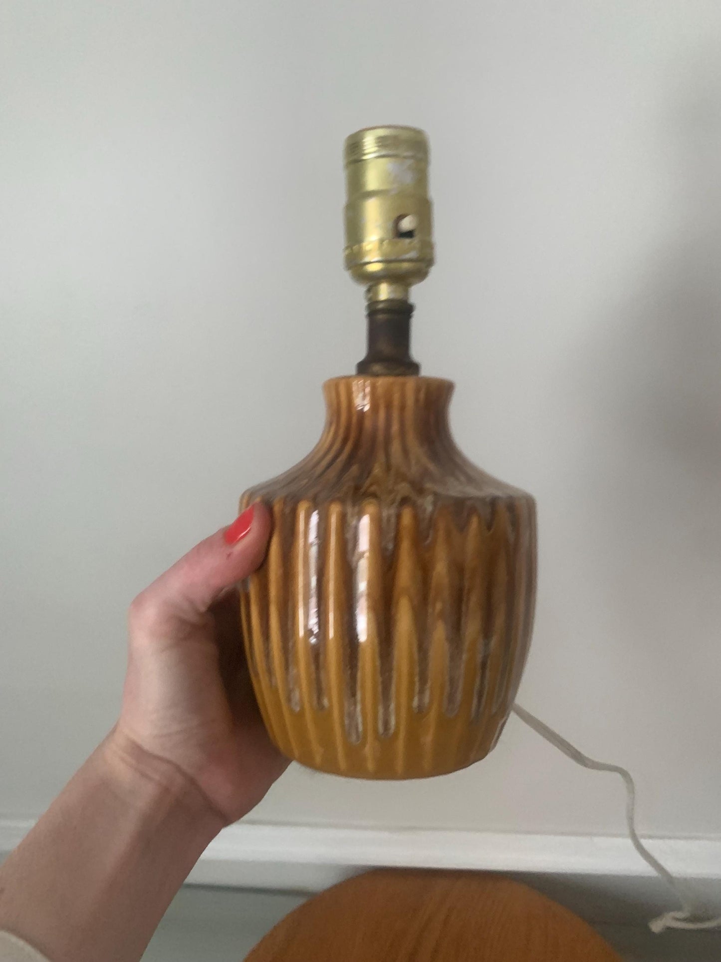 Vintage Mustard and Brown Drip Glaze Pottery Lamp No Shade