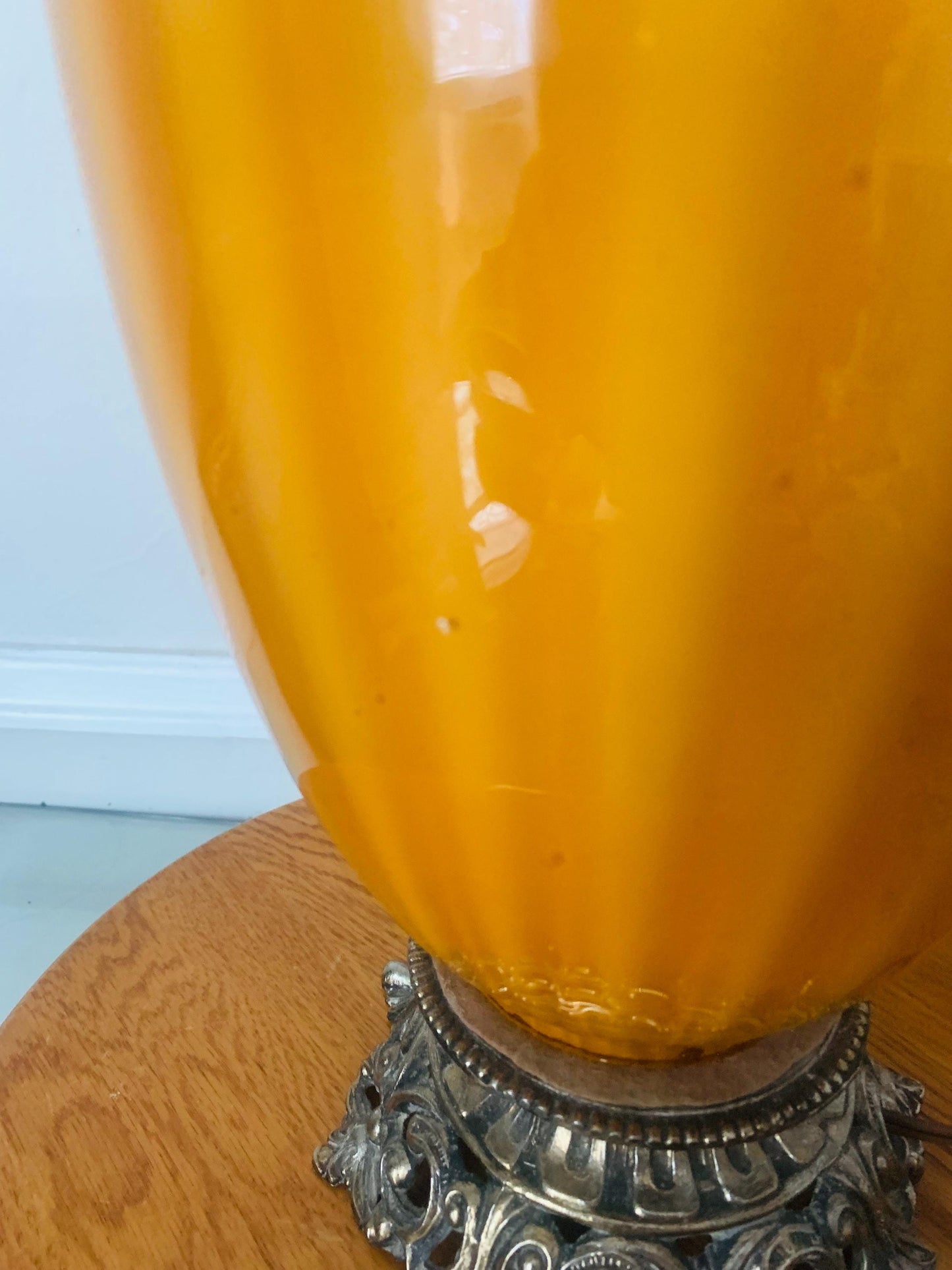 Antique Blown Striped Mustard Glass Lamp with Brass Base No Shade