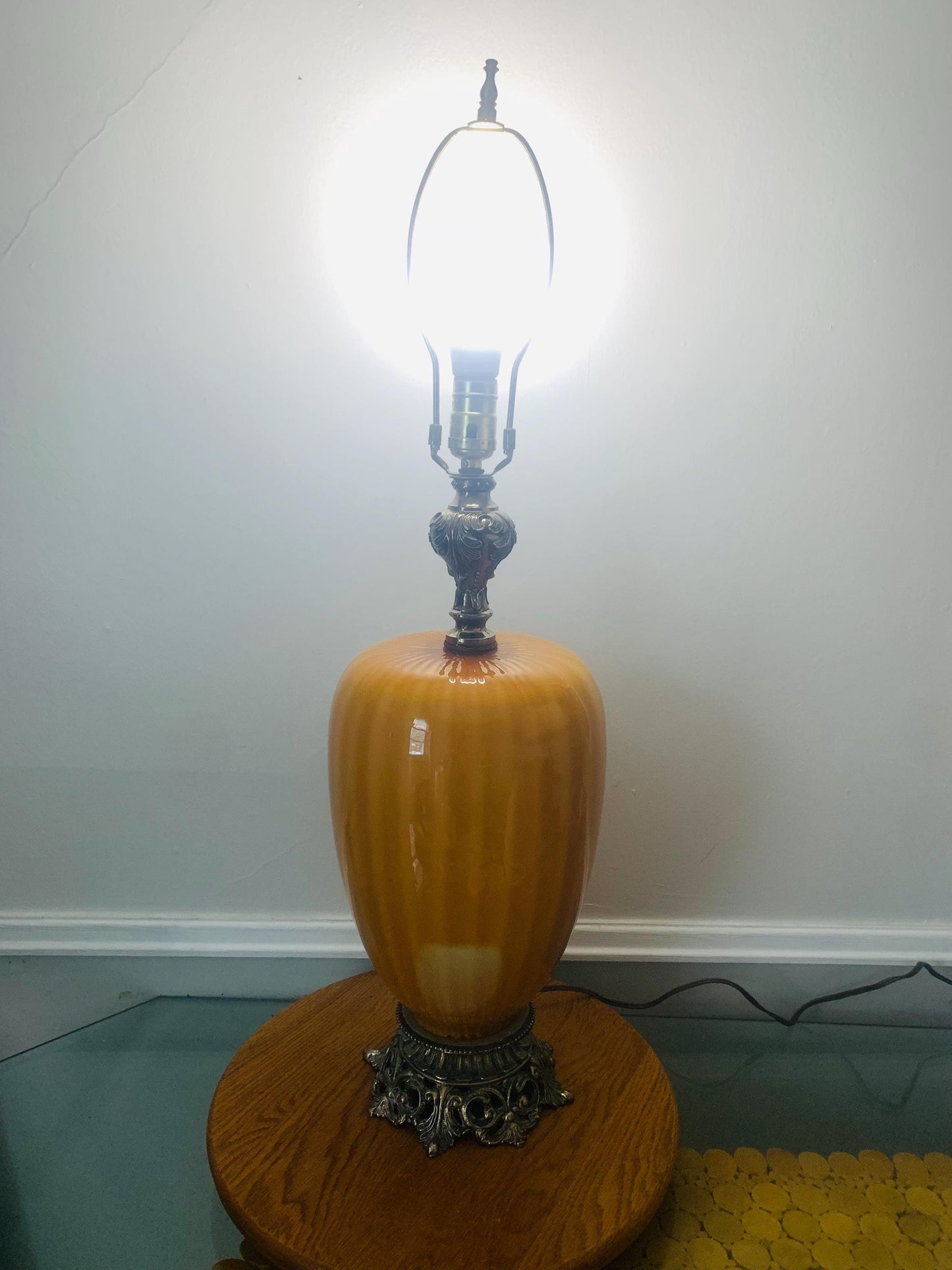 Antique Blown Striped Mustard Glass Lamp with Brass Base No Shade