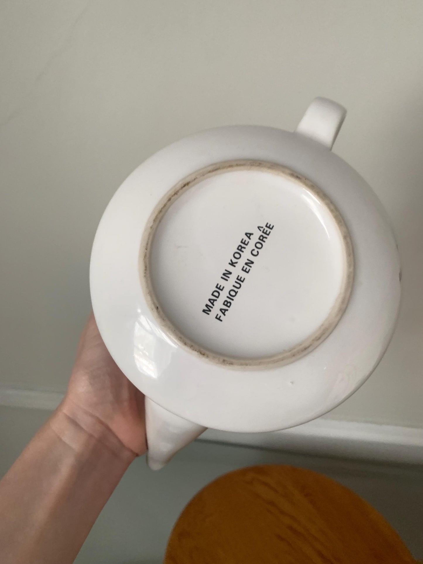Retro Large White Ceramic Teapot with Red Stripes Made in Korea