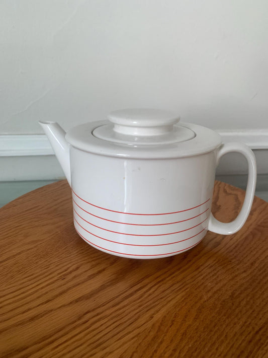 Retro Large White Ceramic Teapot with Red Stripes Made in Korea