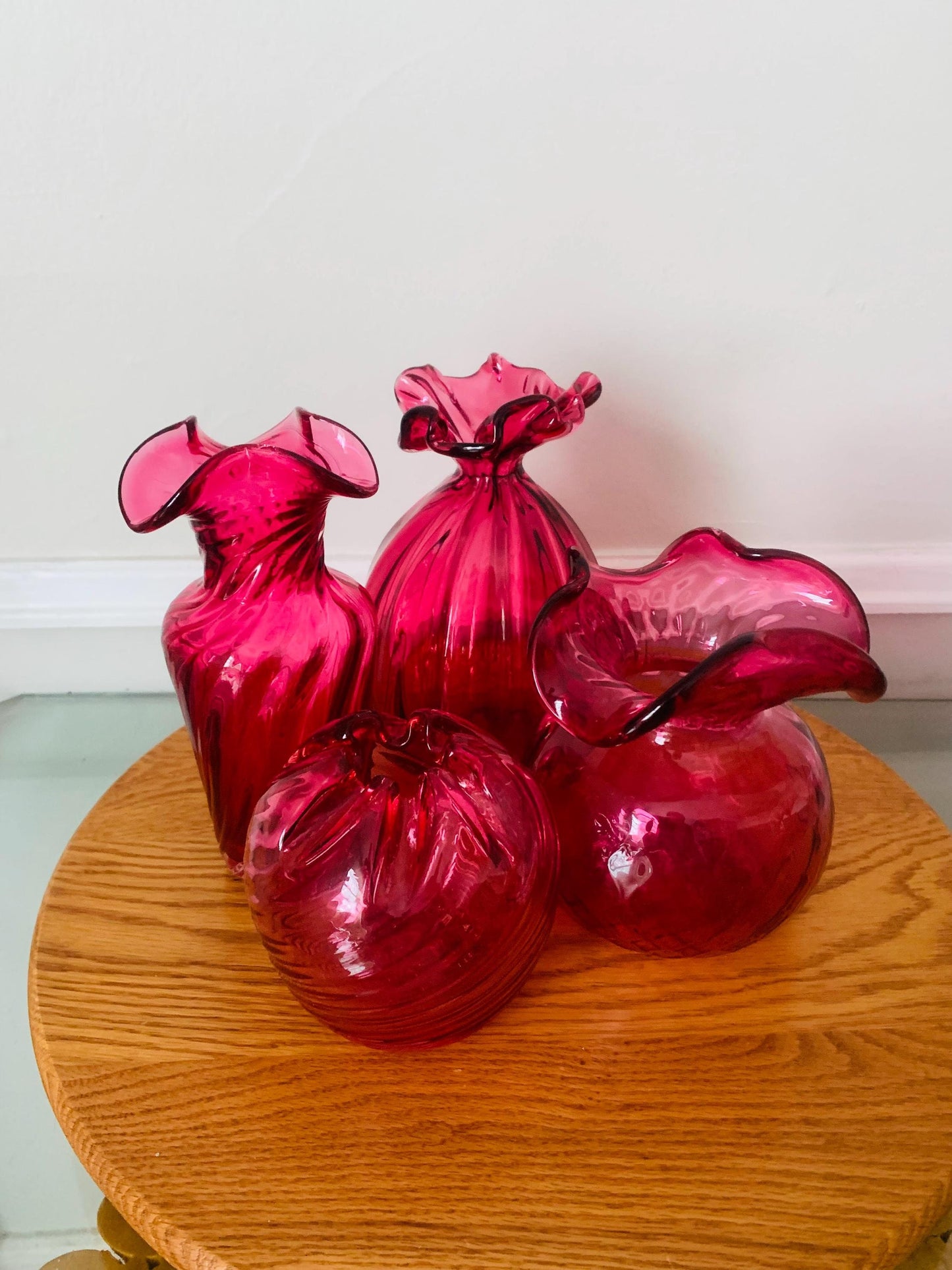 Vintage Cranberry Swirl Glass Ball Vase