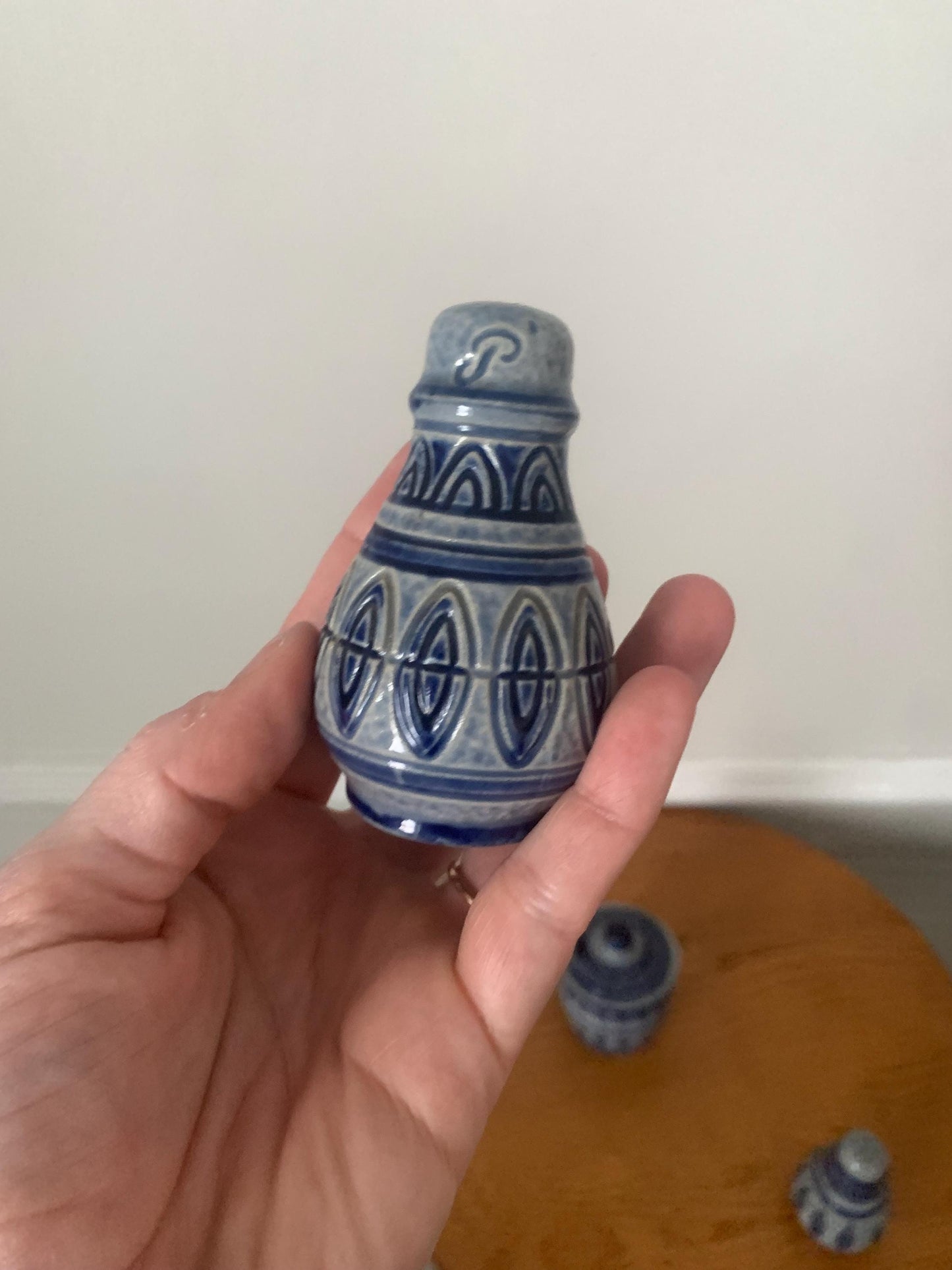 Pair of Small Vintage Salt Glazed Stoneware Cobalt Blue & Gray Salt and Pepper Shakers
